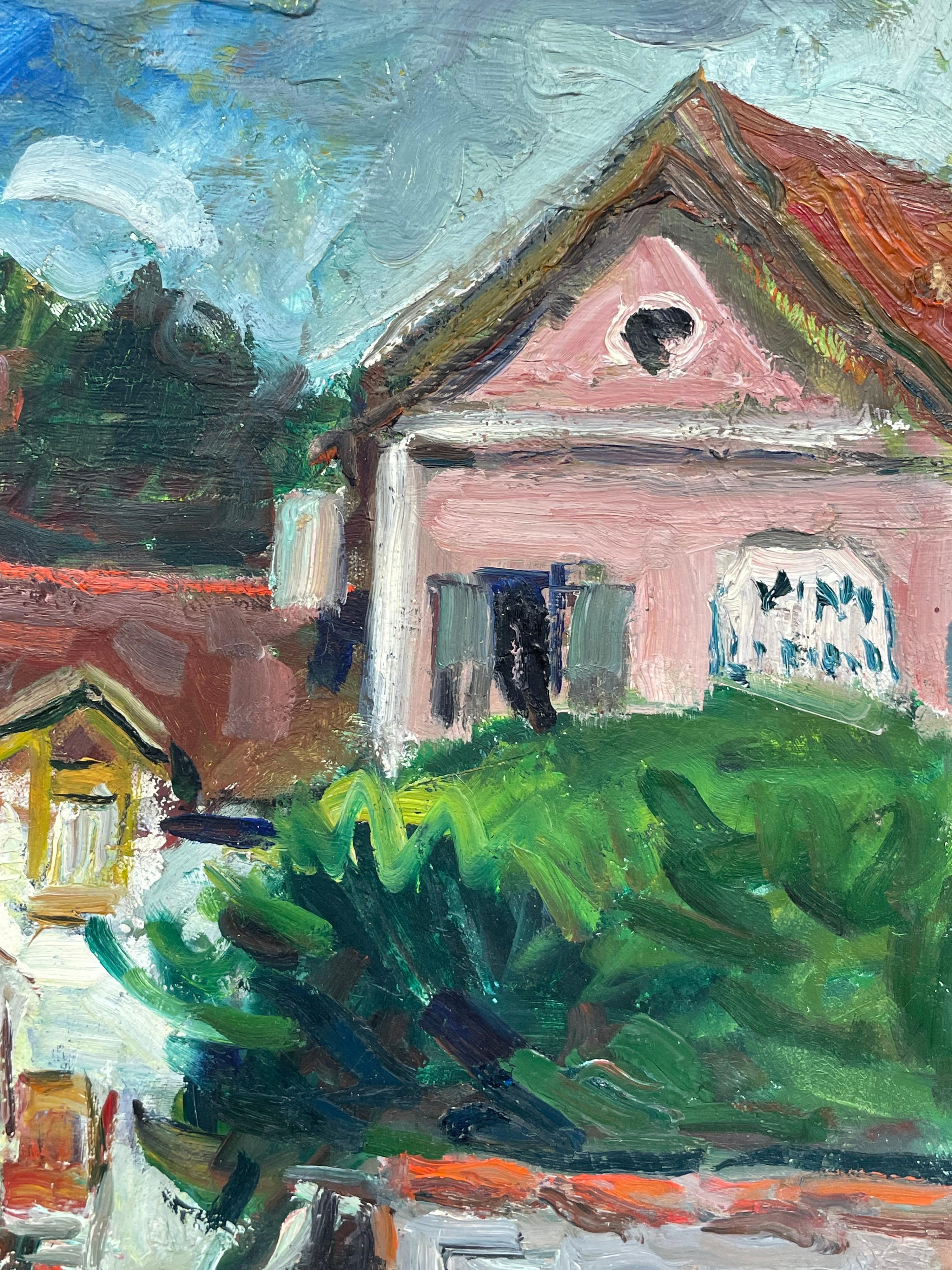Olio francese fauvista del 1950 firmato Scena di case rosa con tetti rossi in vendita 1