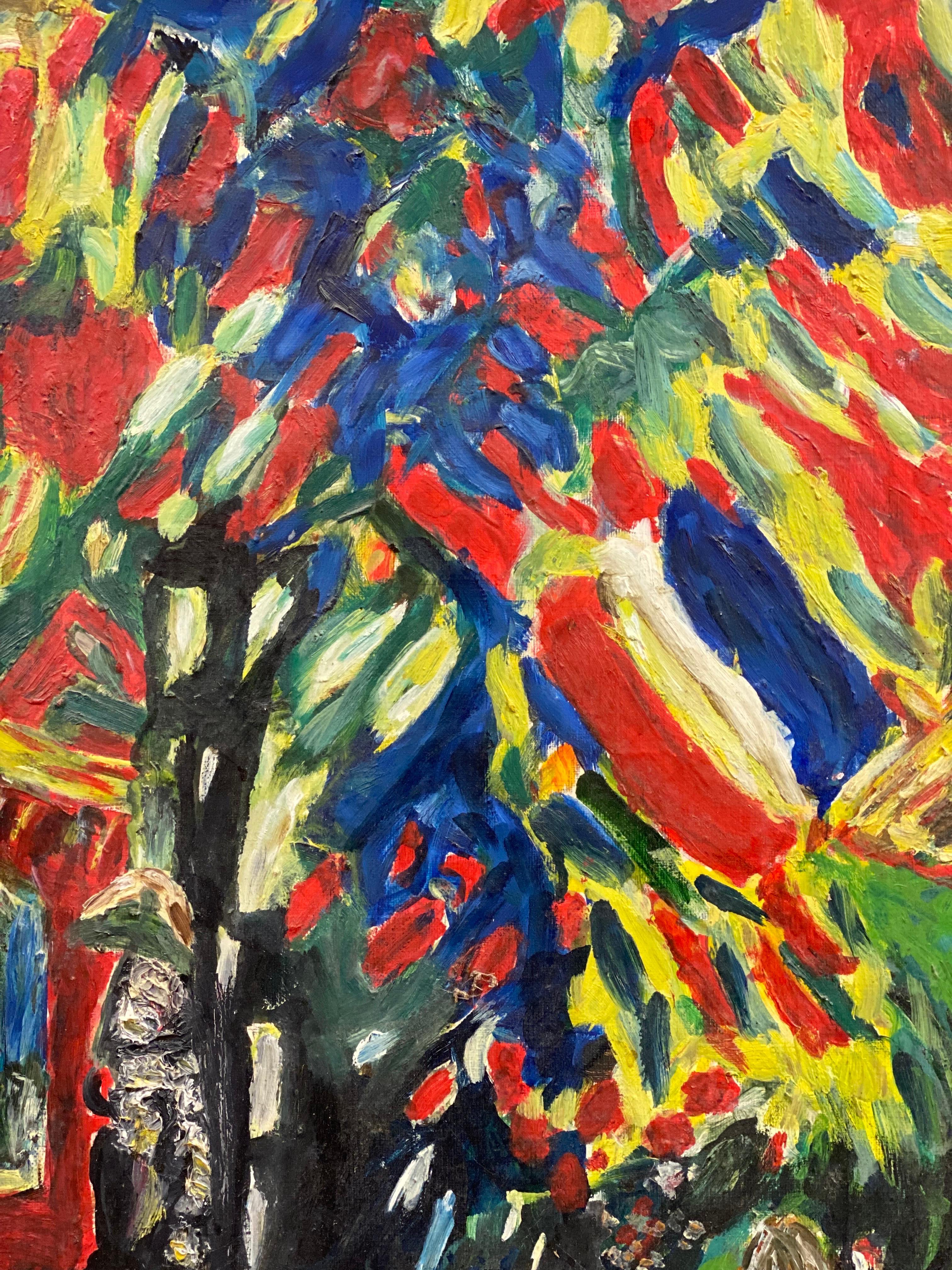 Peinture à l'huile sur toile fauviste française du 20e siècle, colorée, représentant des personnages dans une rue - Painting de French Fauvist