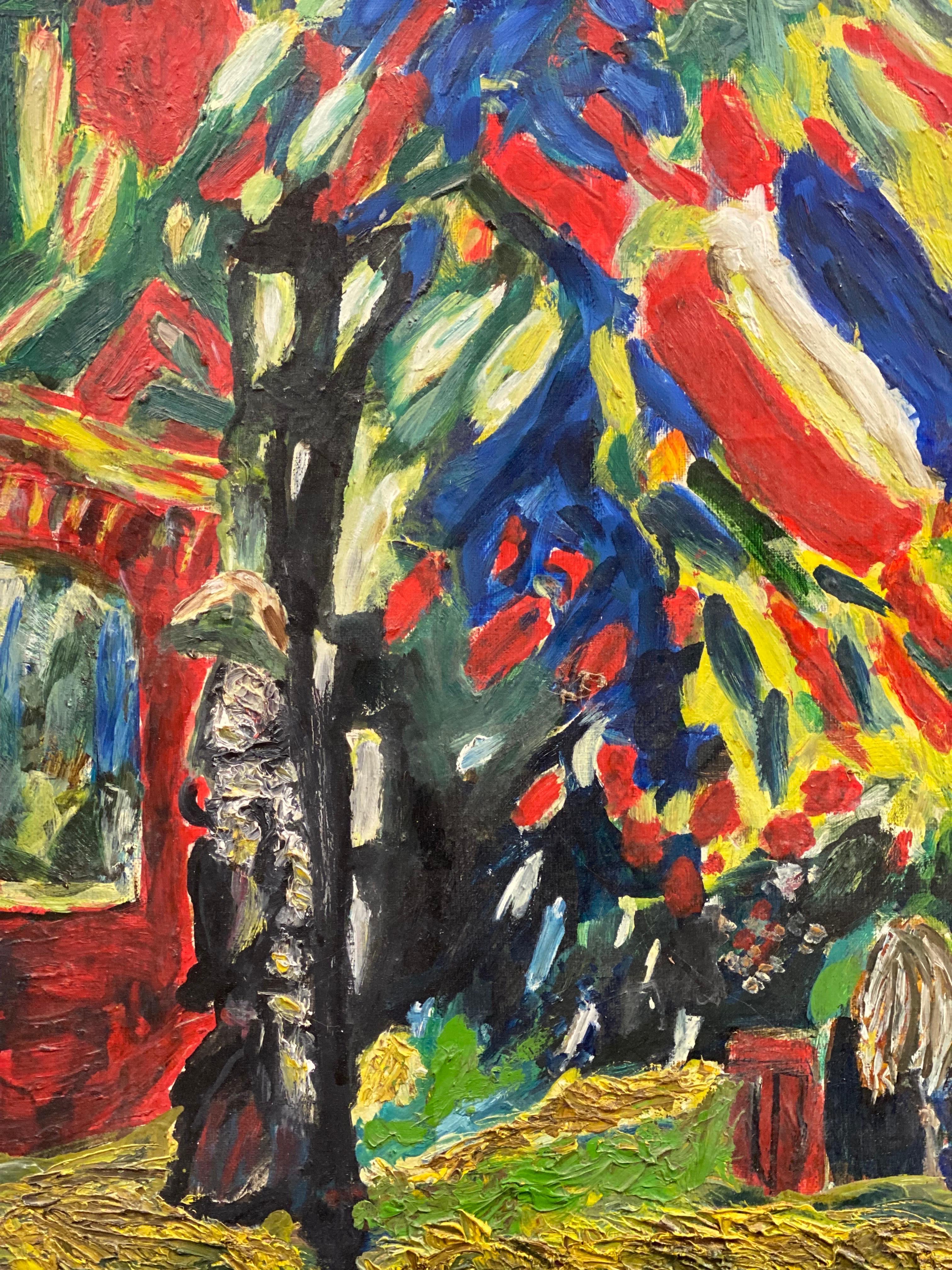 Peinture à l'huile sur toile fauviste française du 20e siècle, colorée, représentant des personnages dans une rue - Fauvisme Painting par French Fauvist