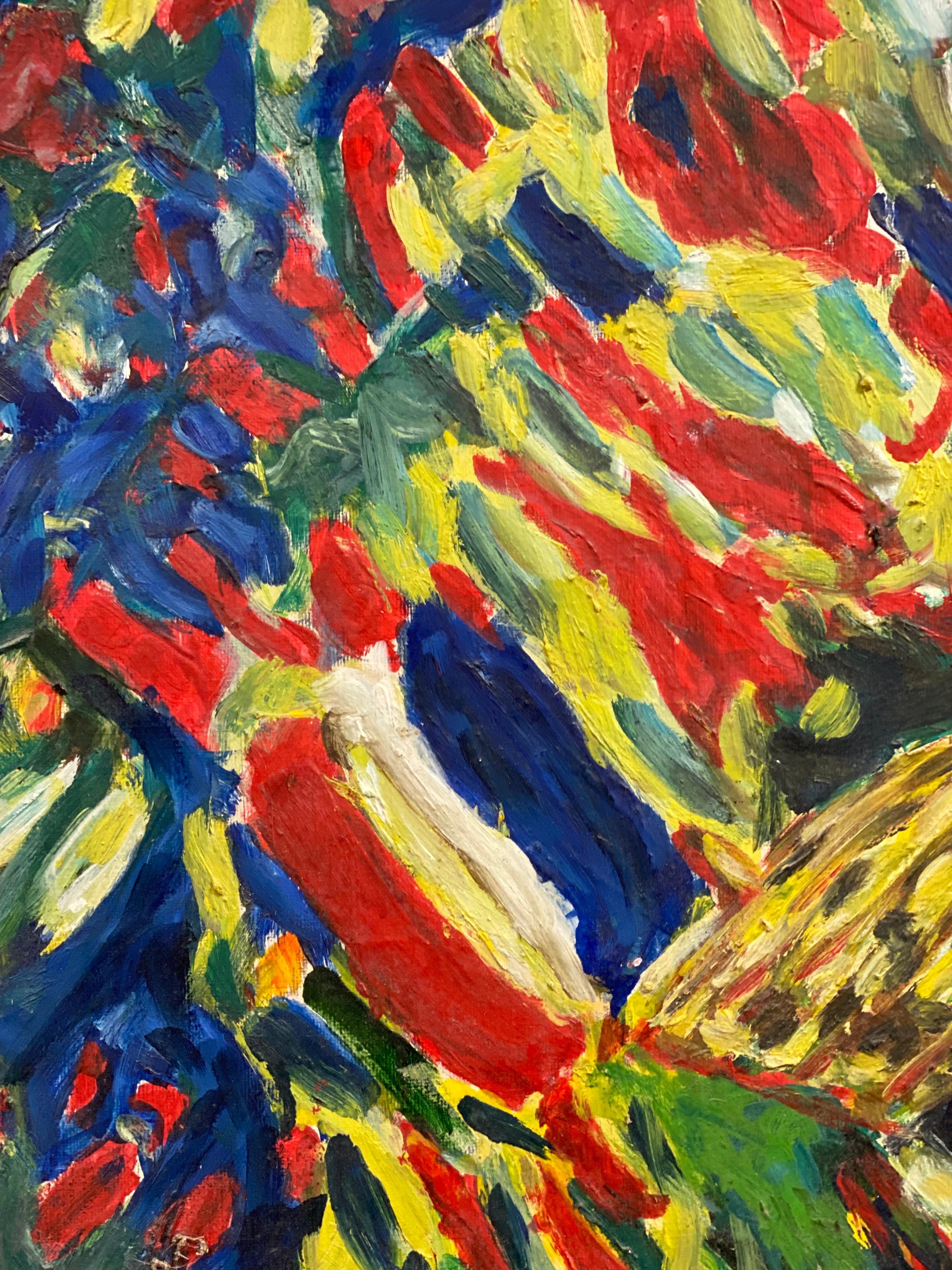 Peinture à l'huile sur toile fauviste française du 20e siècle, colorée, représentant des personnages dans une rue - Marron Abstract Painting par French Fauvist