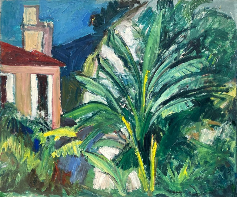 Mid 20th Century French Fauvist Signed Oil Cote d'Azur Pink House Palm Trees - Painting by French Fauvist