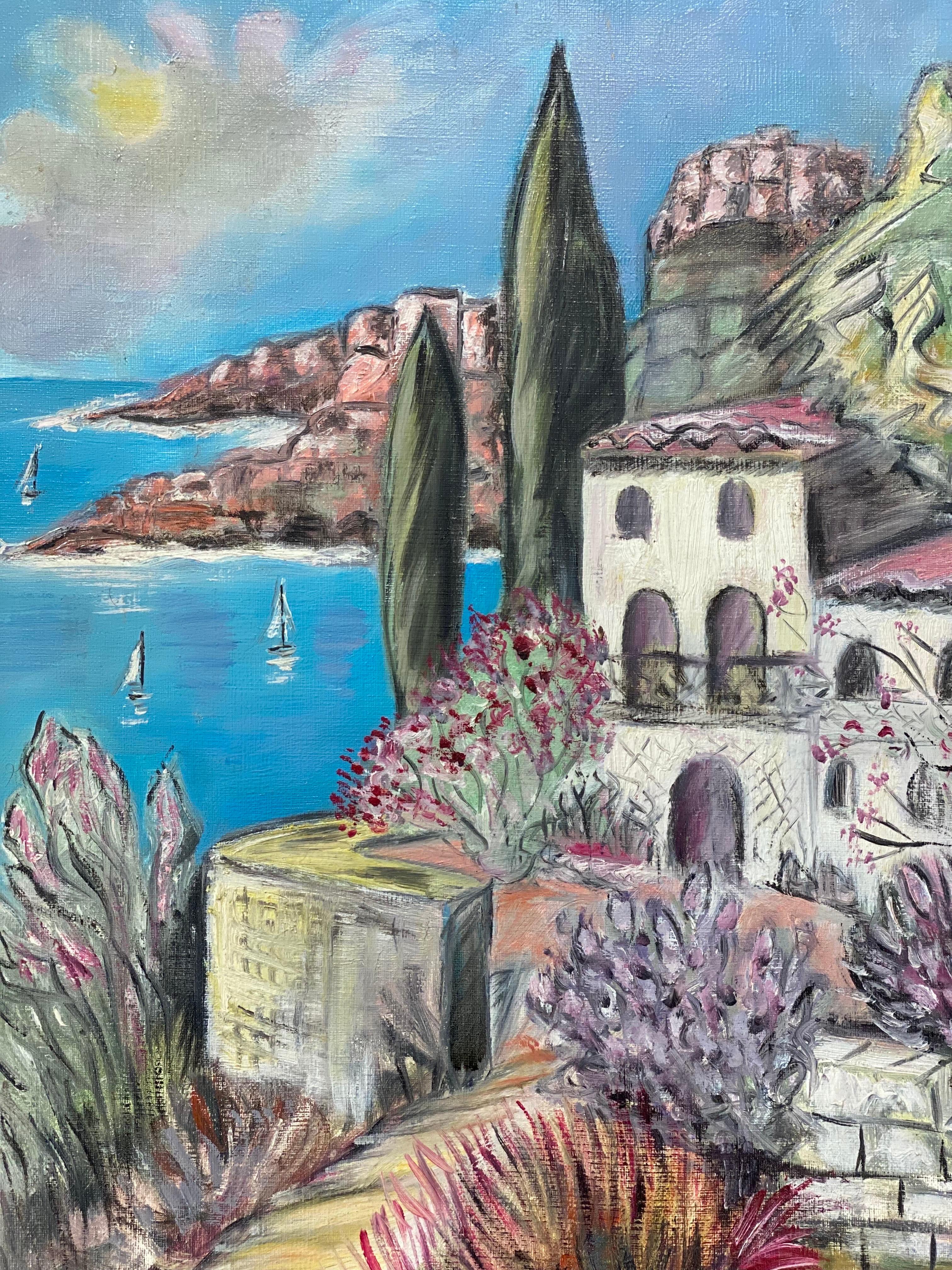 Artisten/Schule: Französische Schule, 20. Jahrhundert, signiert

Titel: La Cote d' Azur, Küstenlandschaft der Provence mit tiefblauem Meer und schönen alten französischen Villen an der Küste. 

Medium: Ölgemälde auf Leinwand, ungerahmt 

Leinwand: