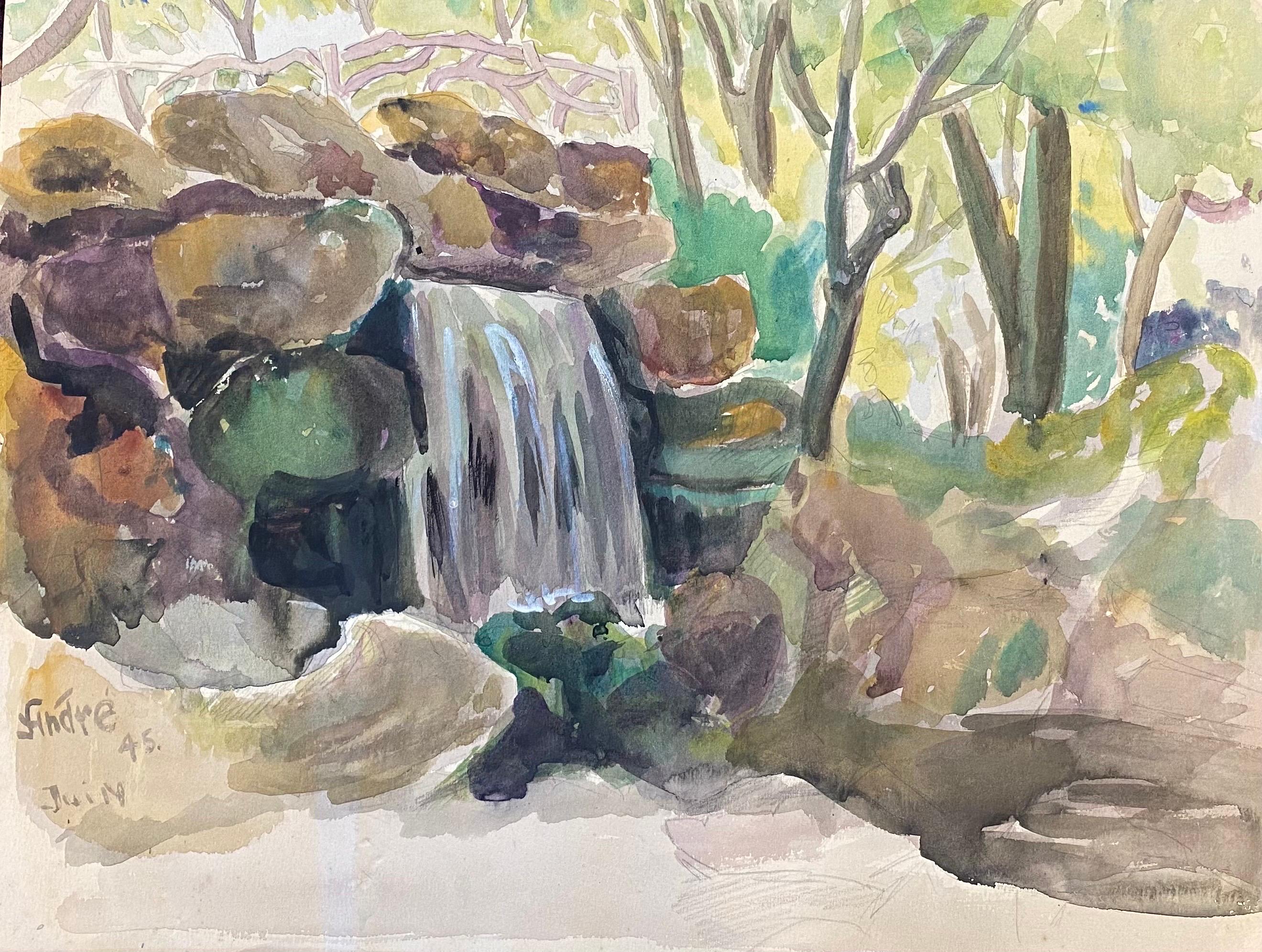 French Fauvist Landscape Painting – Französische Waldlandschaft - signiert  Schöner Berg-Wasserfall 