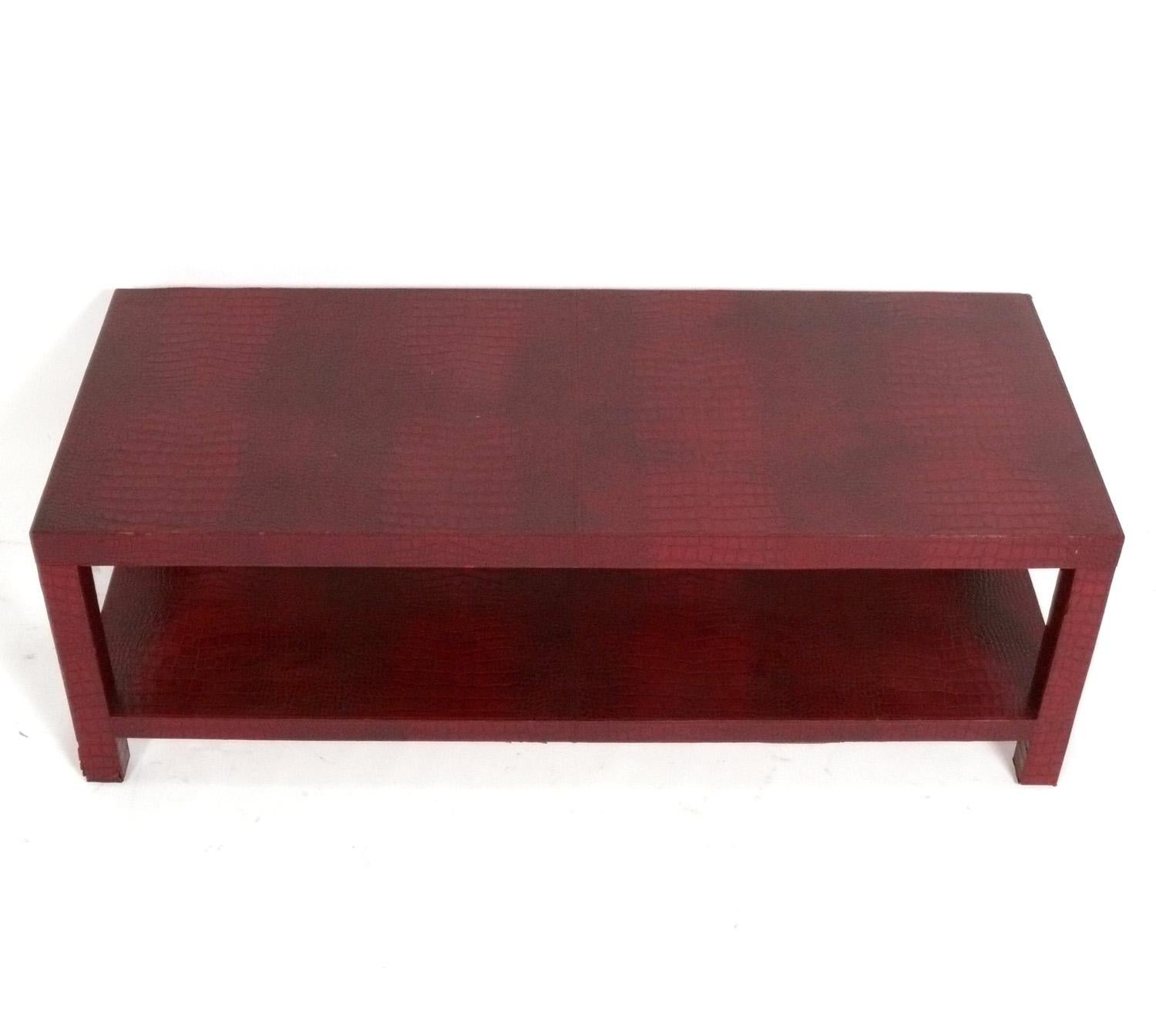 French Alligator Embossed Red Leather Coffee Table, designed by Dominic Chambon, France, circa 2000s. Signed with manufacturer's label underneath.
