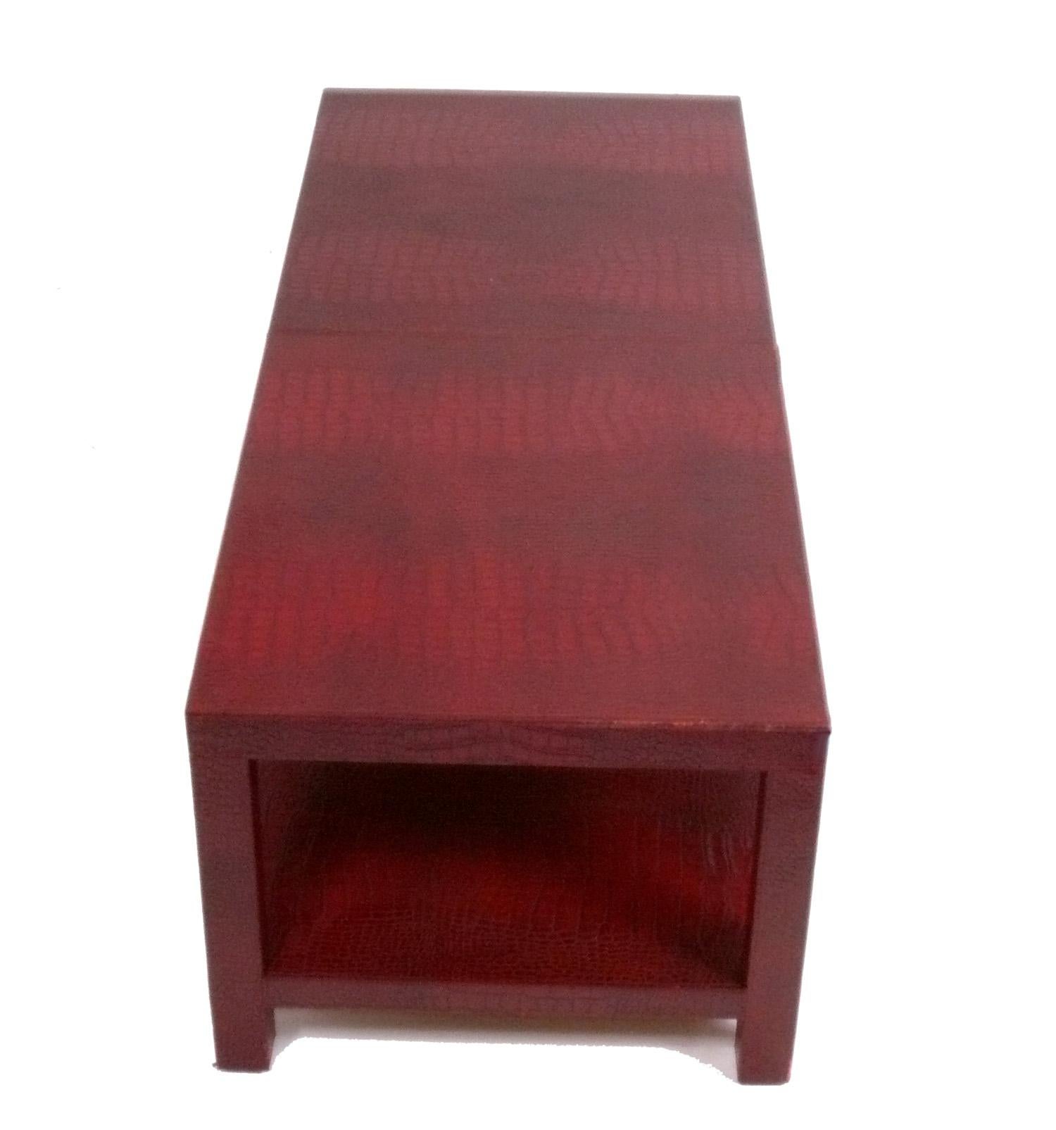 Mid-Century Modern French Faux Alligator Embossed Red Leather Coffee Table by Dominic Chambon For Sale