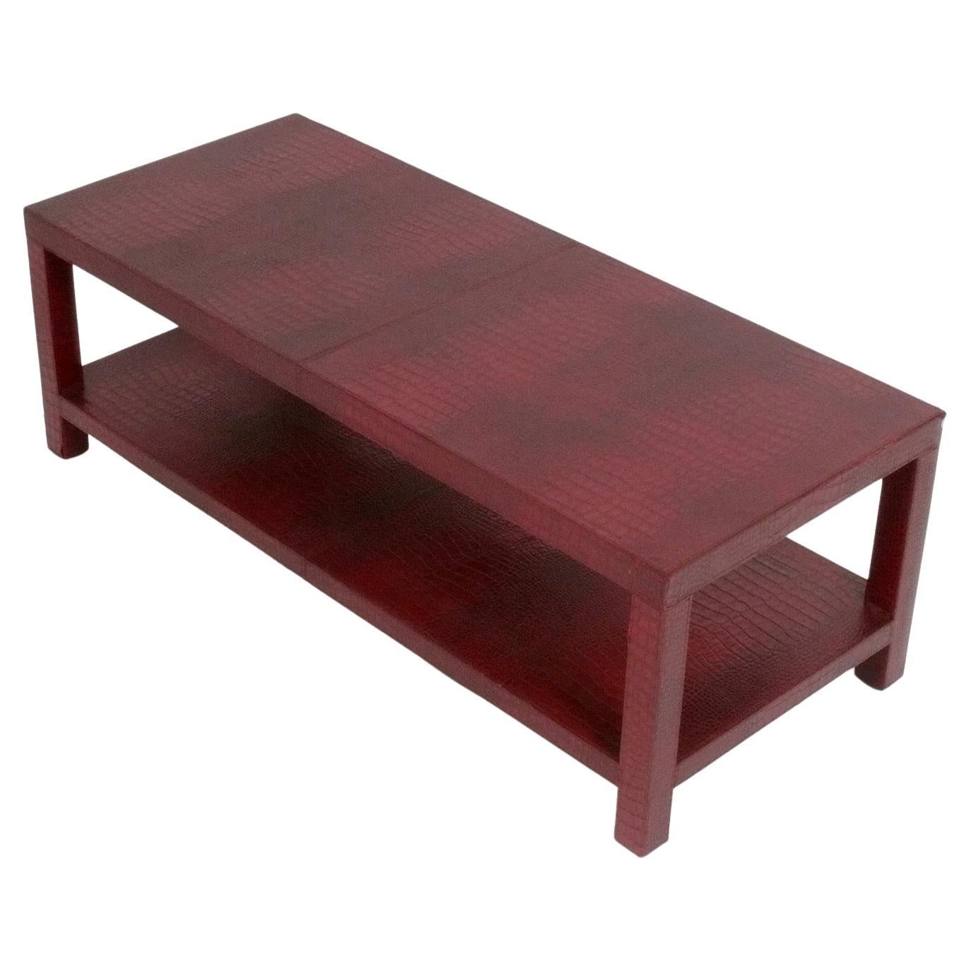 French Faux Alligator Embossed Red Leather Coffee Table by Dominic Chambon