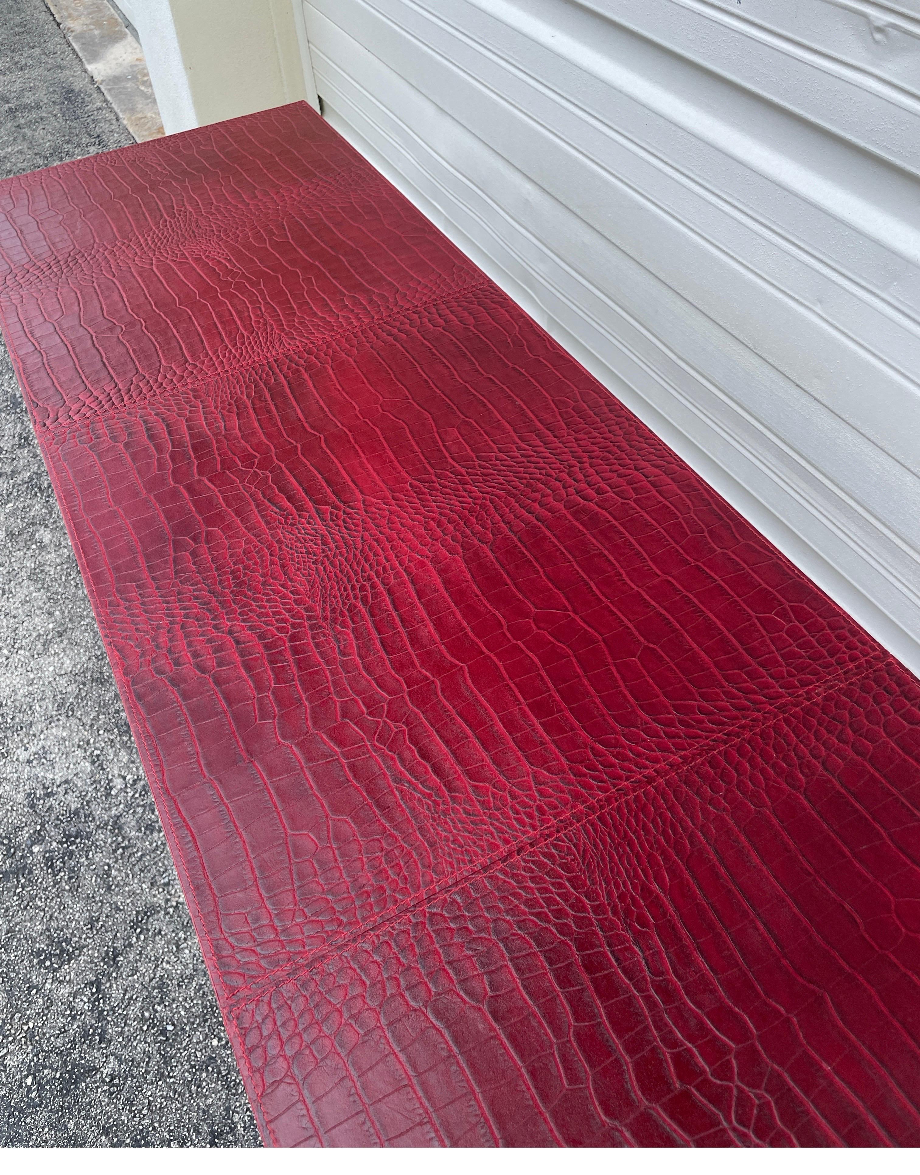 Mid-Century Modern French Faux Alligator Embossed Red Leather Console Table by Dominic Chambon For Sale