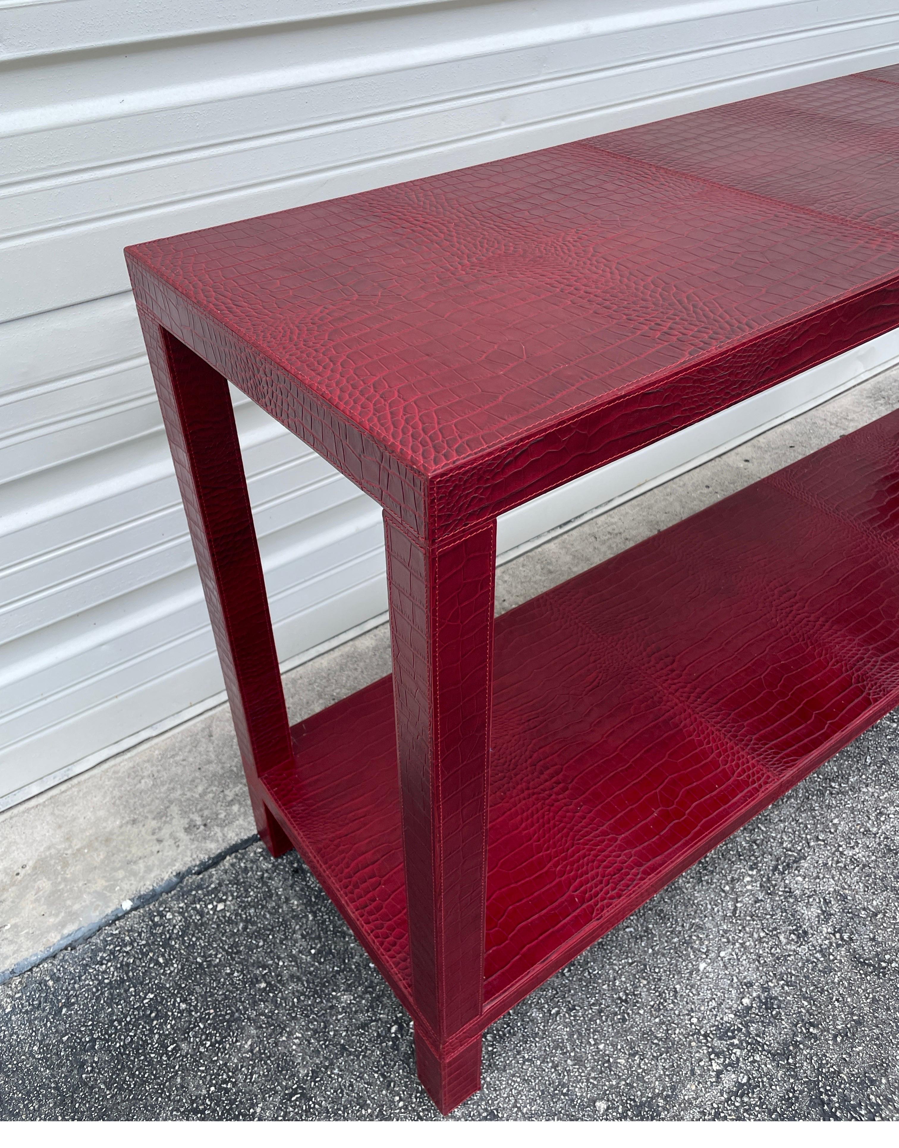 French Faux Alligator Embossed Red Leather Console Table by Dominic Chambon In Good Condition For Sale In West Palm Beach, FL