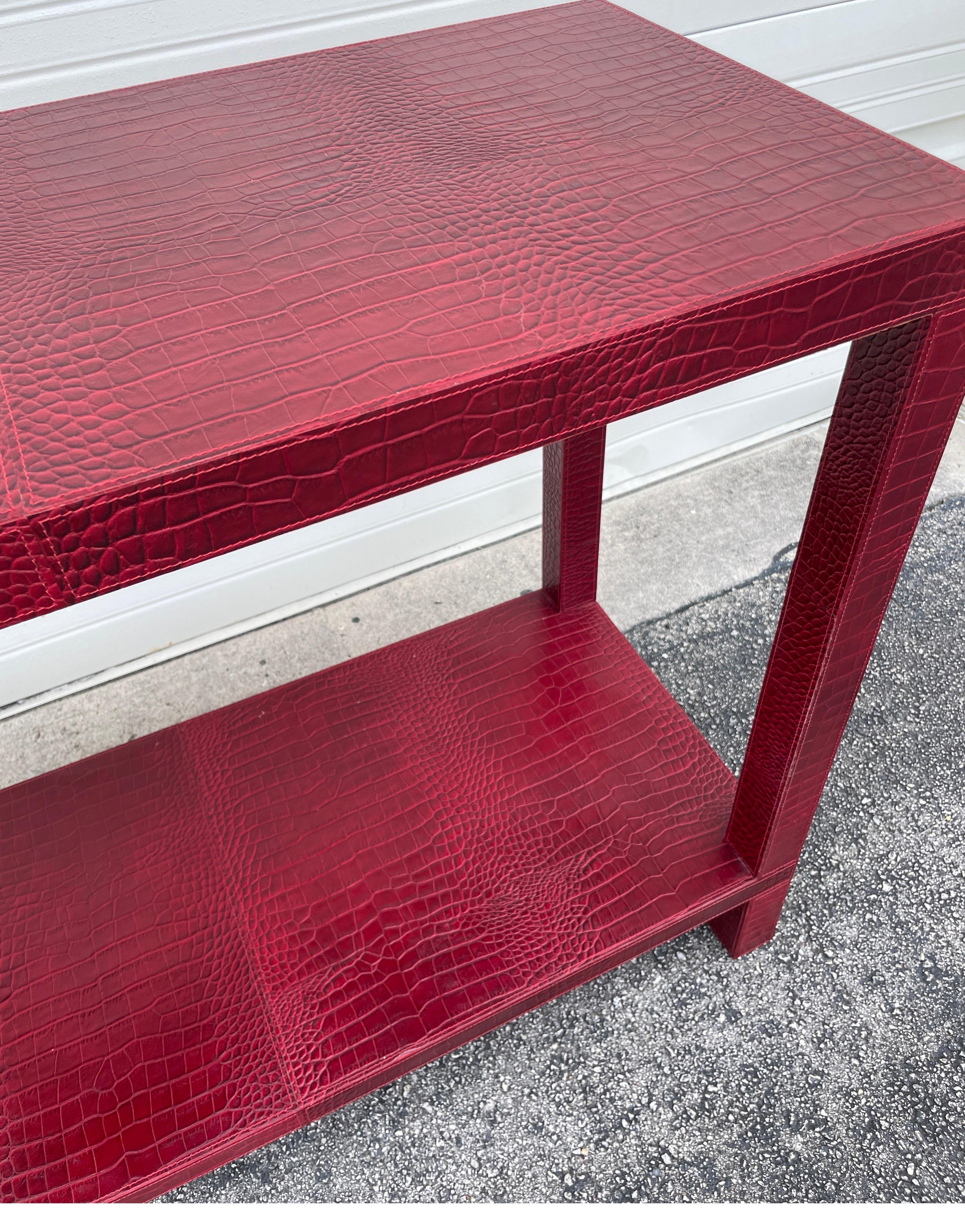 20th Century French Faux Alligator Embossed Red Leather Console Table by Dominic Chambon For Sale
