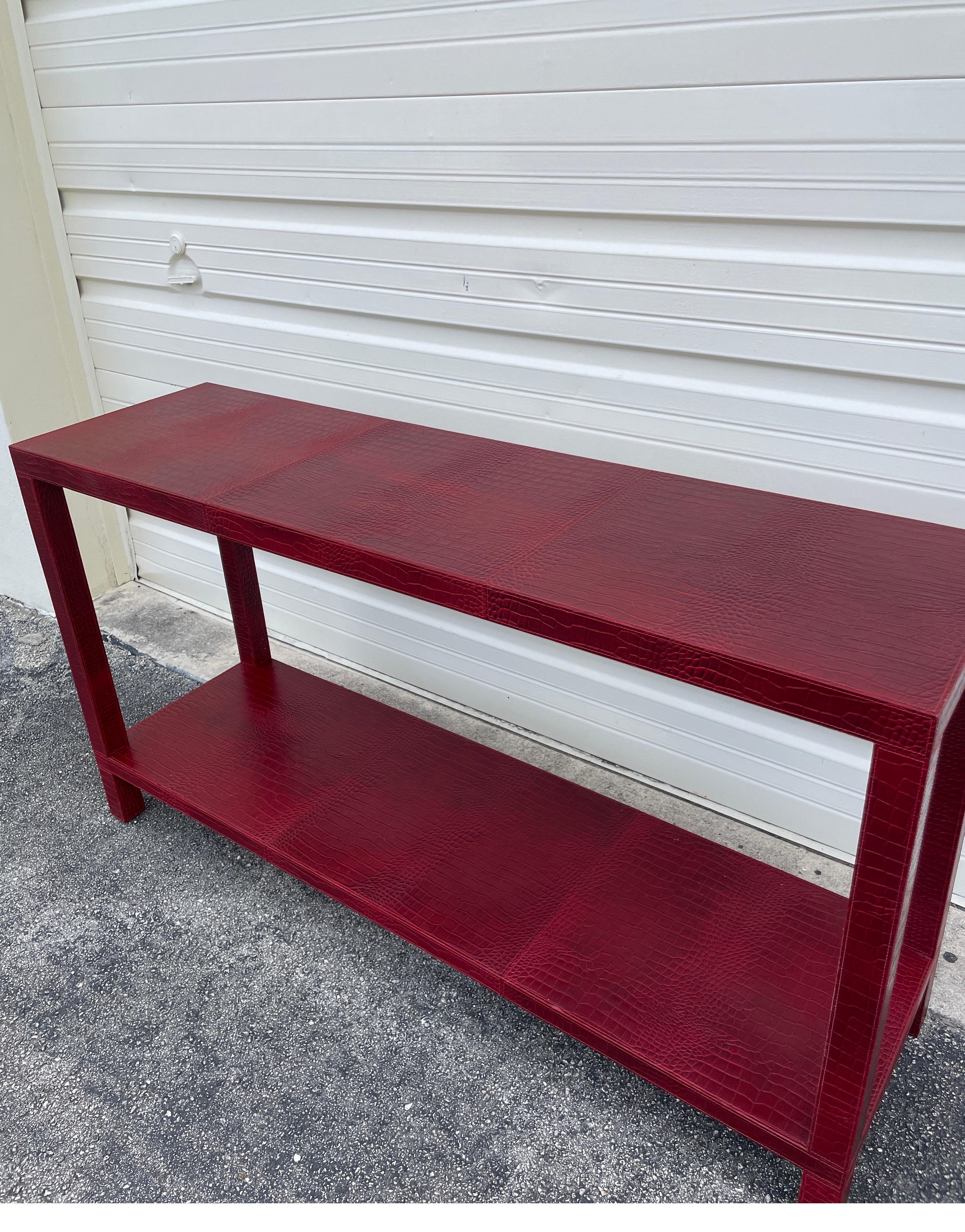 French Faux Alligator Embossed Red Leather Console Table by Dominic Chambon For Sale 1