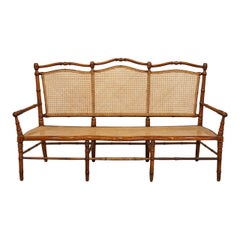 Antique French Faux Bamboo and Cane Bench