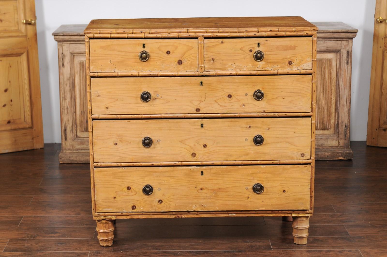 French Faux-Bamboo and Pine Five-Drawer Chest with Cylindrical Feet, circa 1880 7