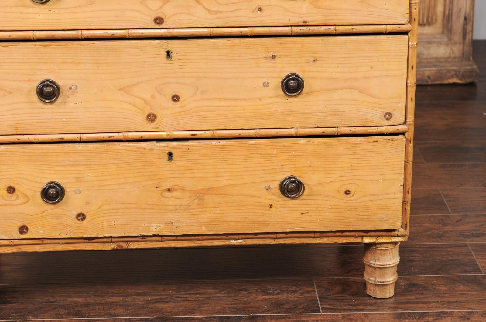 French Faux-Bamboo and Pine Five-Drawer Chest with Cylindrical Feet, circa 1880 8