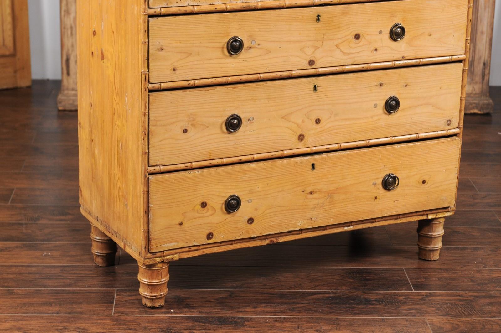 French Faux-Bamboo and Pine Five-Drawer Chest with Cylindrical Feet, circa 1880 In Good Condition In Atlanta, GA