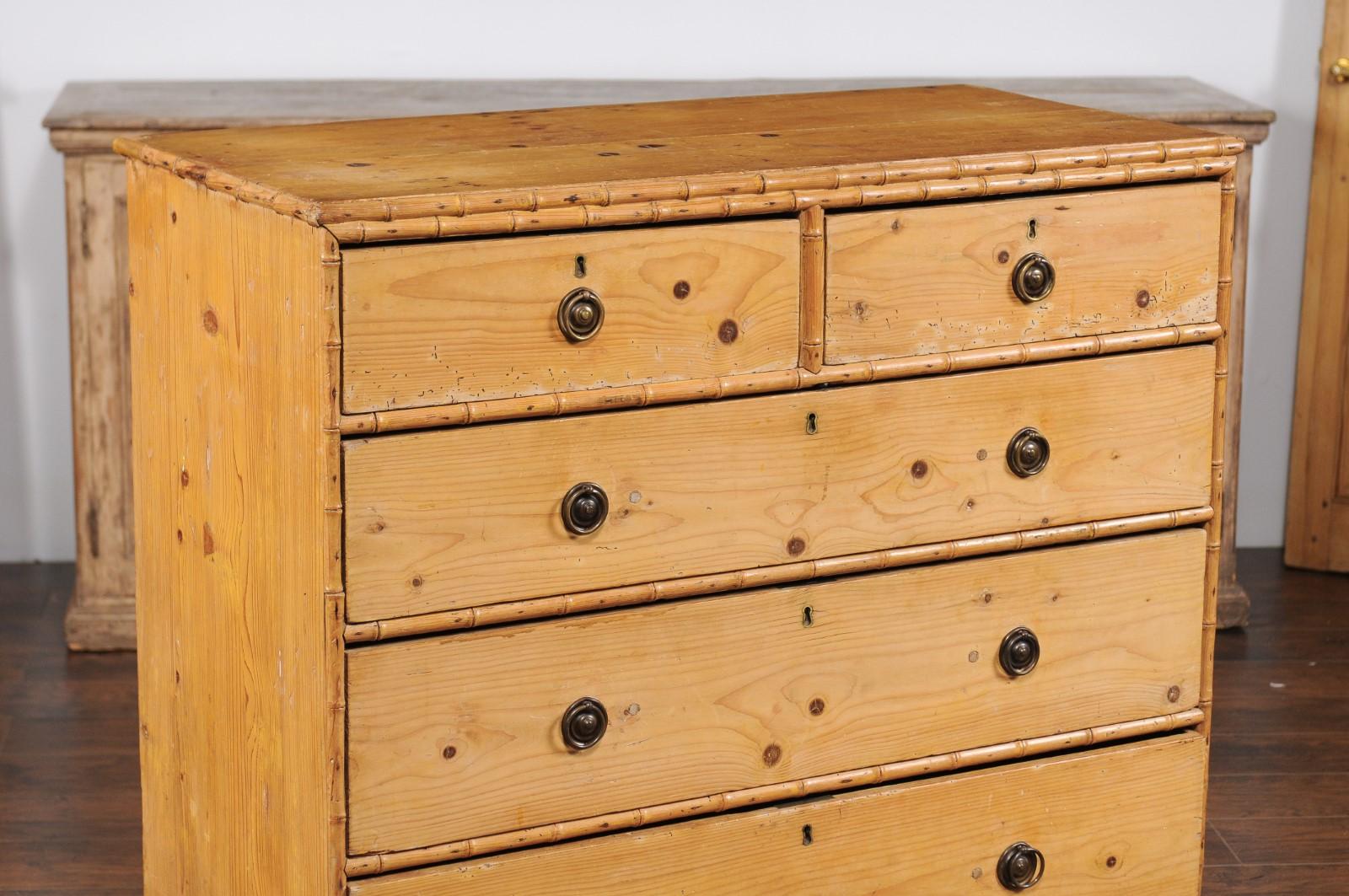 19th Century French Faux-Bamboo and Pine Five-Drawer Chest with Cylindrical Feet, circa 1880