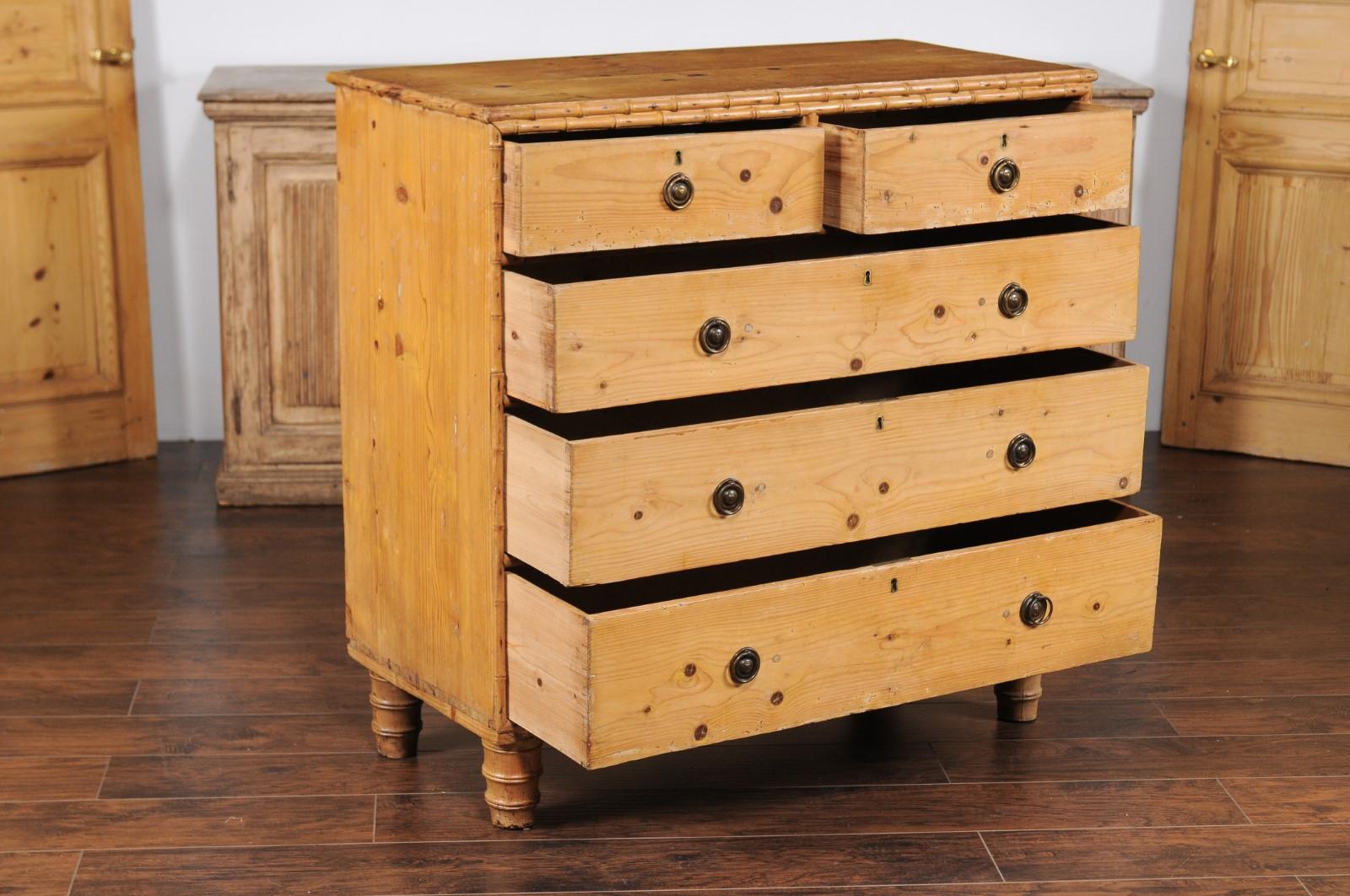 Faux Bamboo French Faux-Bamboo and Pine Five-Drawer Chest with Cylindrical Feet, circa 1880