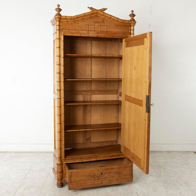 French Faux Bamboo Armoire with Mirror circa 1900, Cherry and Heartwood
