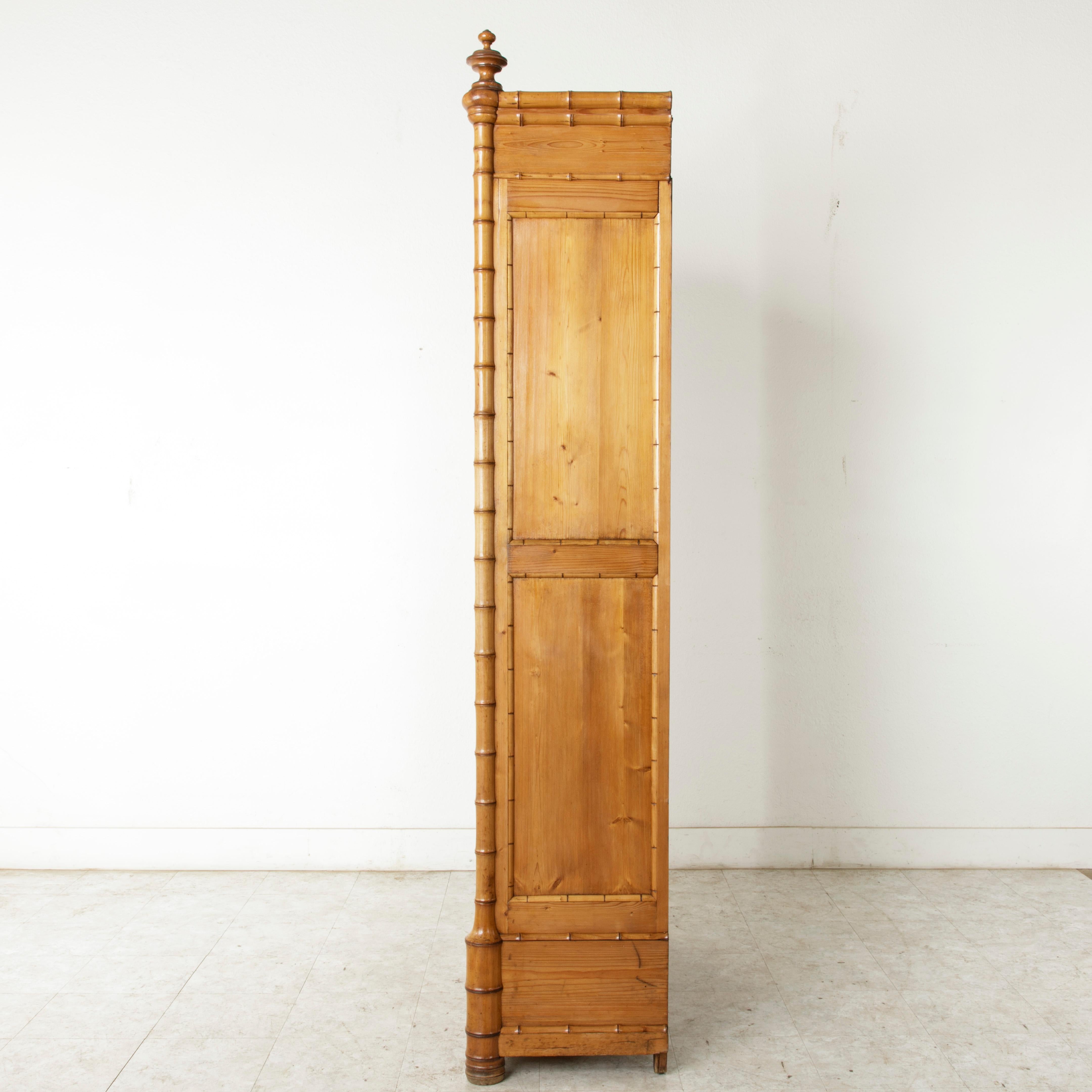 French Faux Bamboo Armoire with Mirror circa 1900, Cherry and Heartwood Pine In Good Condition In Fayetteville, AR