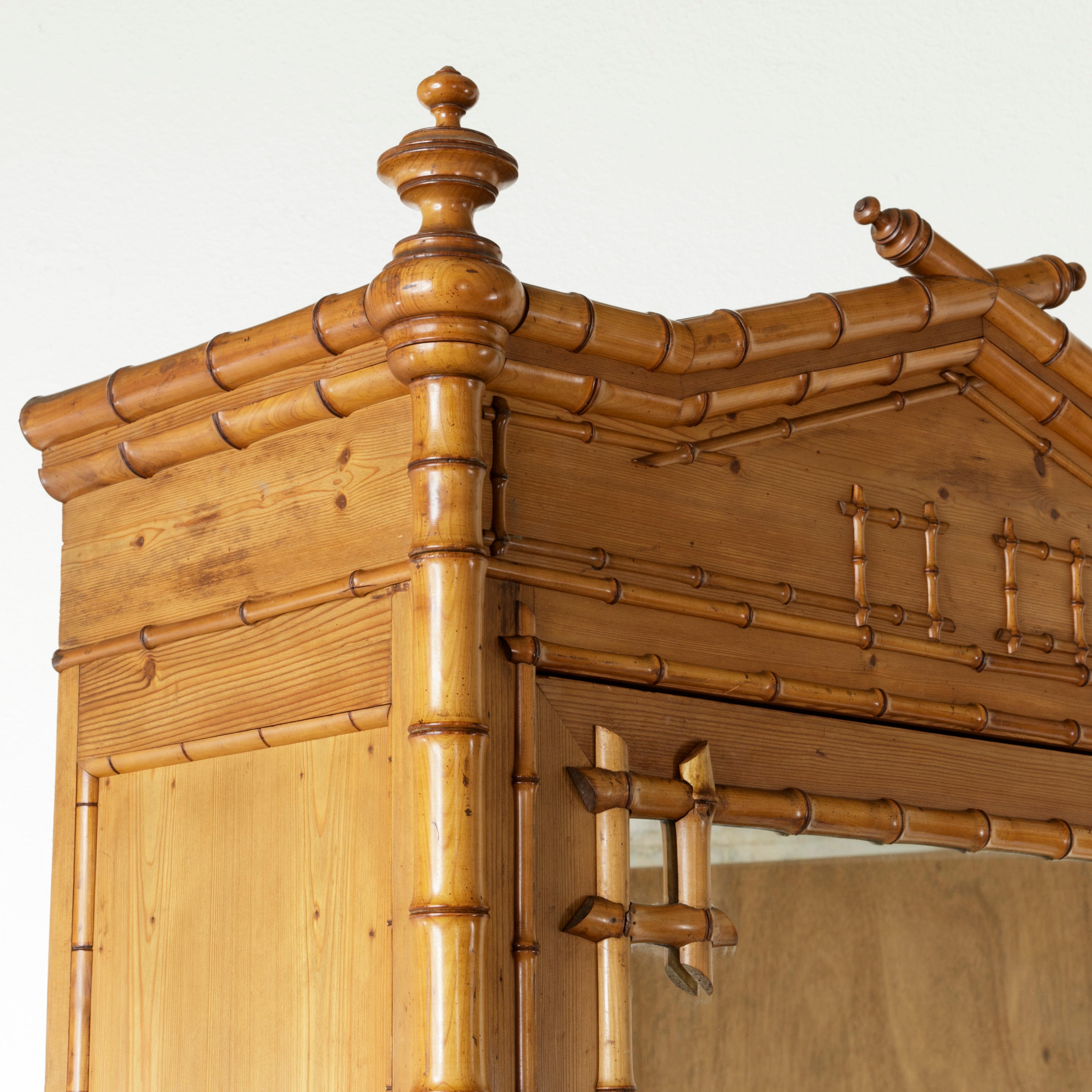 French Faux Bamboo Armoire with Mirror circa 1900, Cherry and Heartwood Pine 3