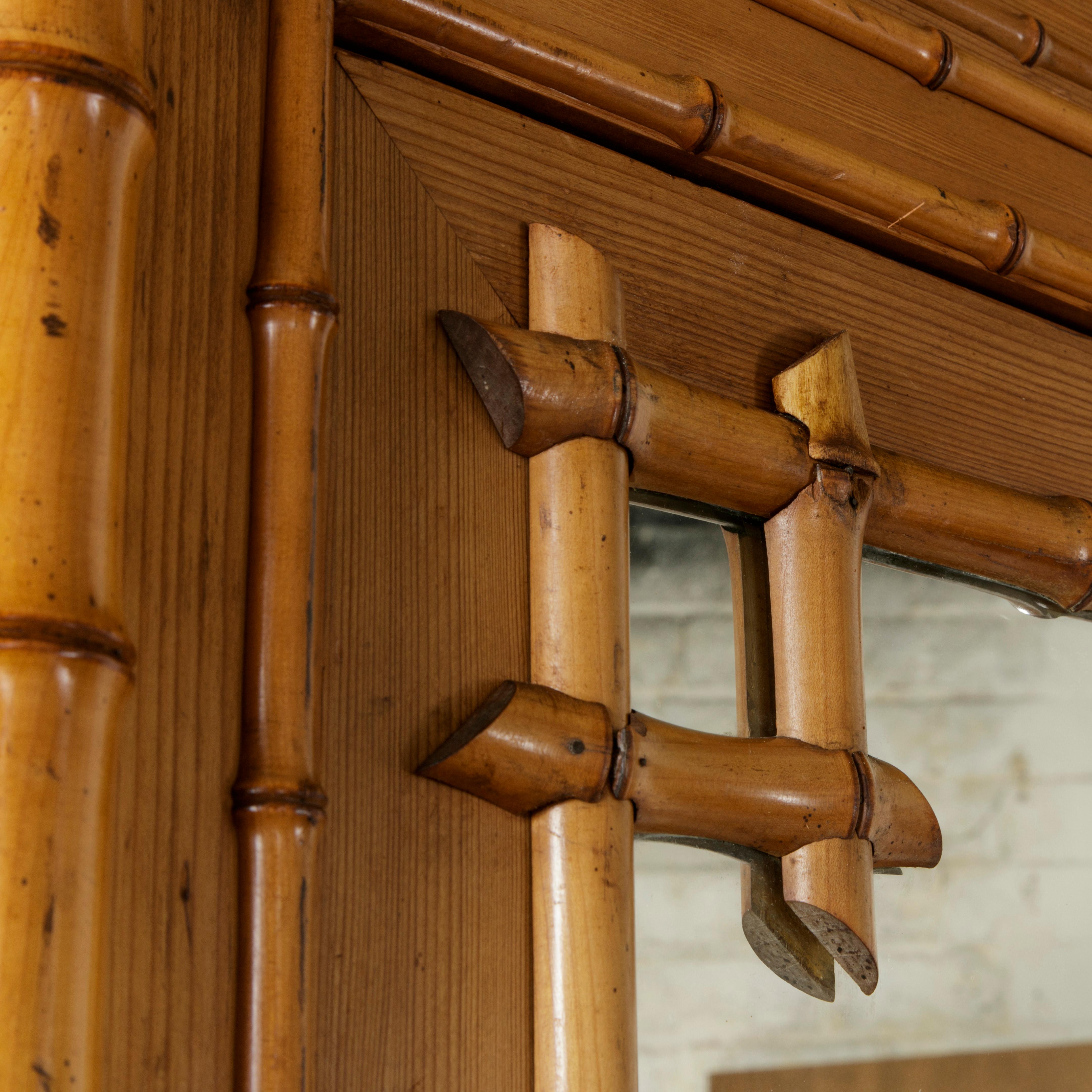 French Faux Bamboo Armoire with Mirror circa 1900, Cherry and Heartwood Pine 5