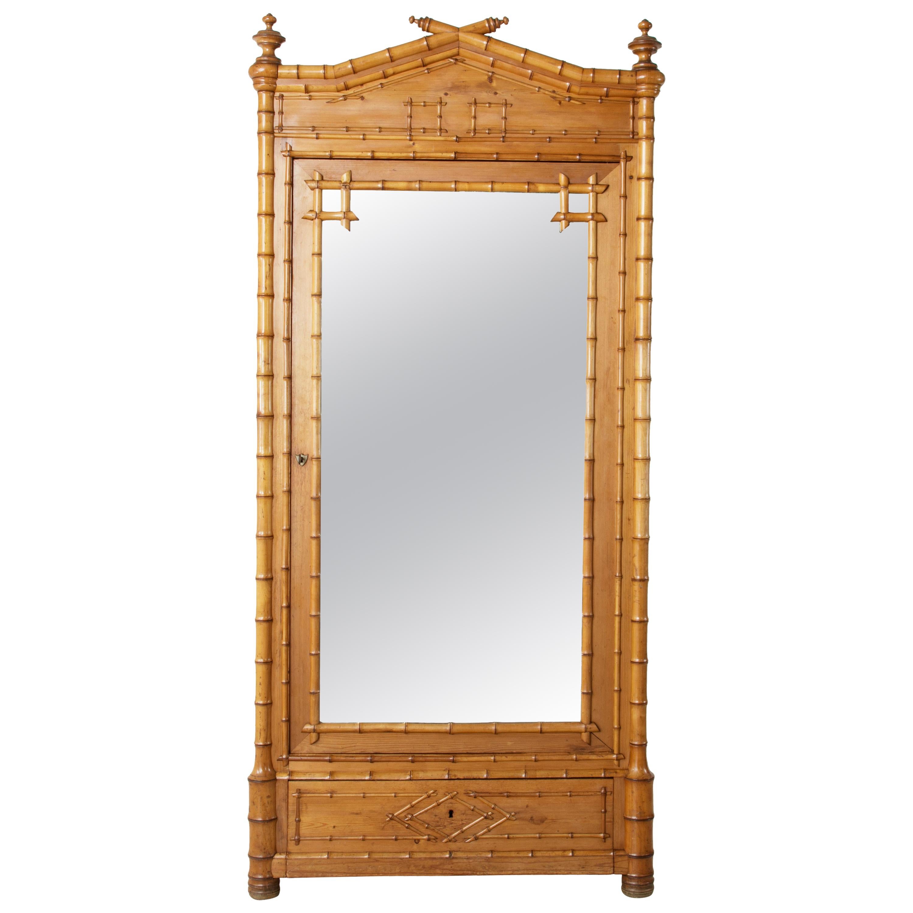 French Faux Bamboo Armoire with Mirror circa 1900, Cherry and Heartwood Pine