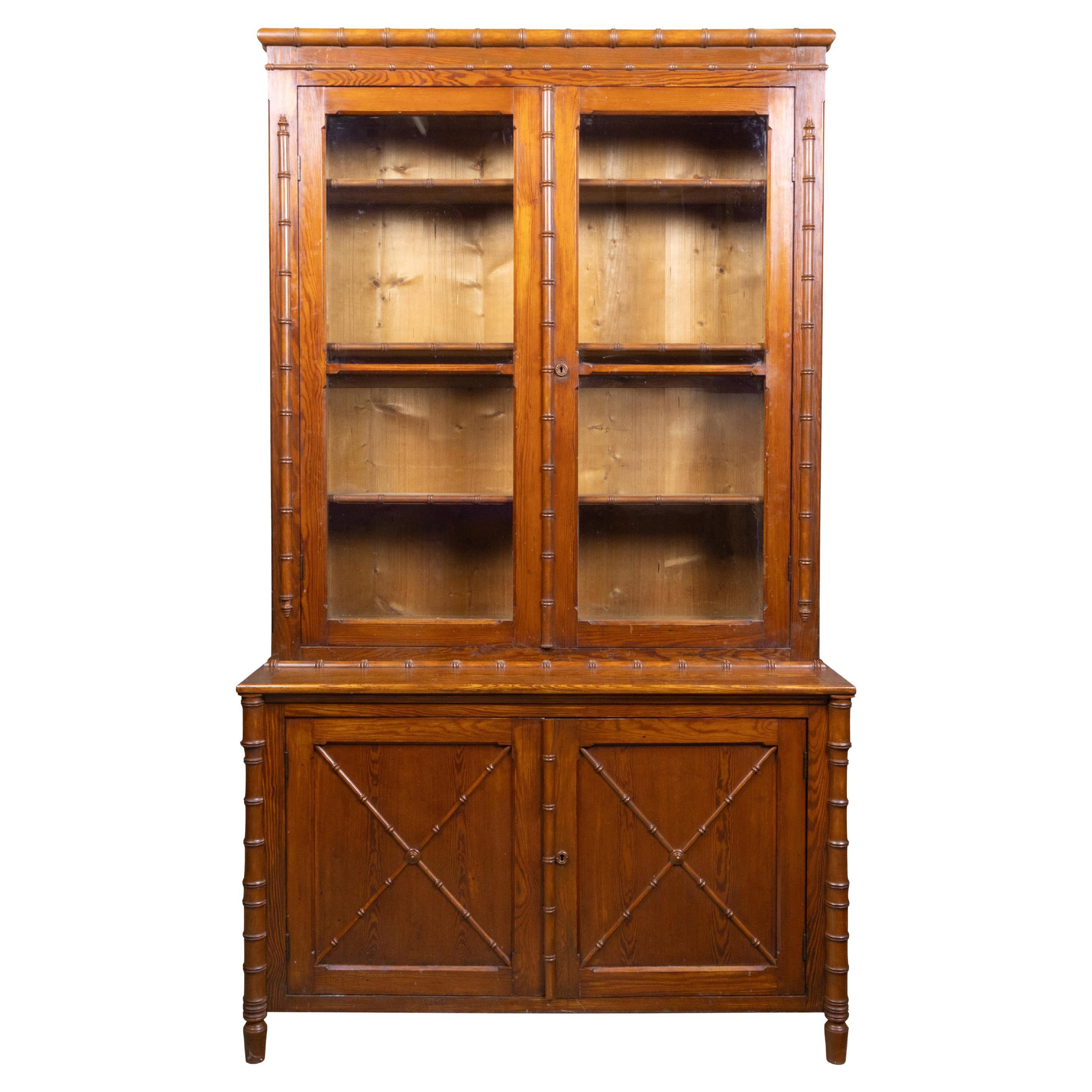 French Faux Bamboo Bookcase Cabinet in Pine, circa 1900