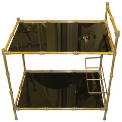 French Faux-Bamboo Brass Bar Cart with Smoked Glass Tops