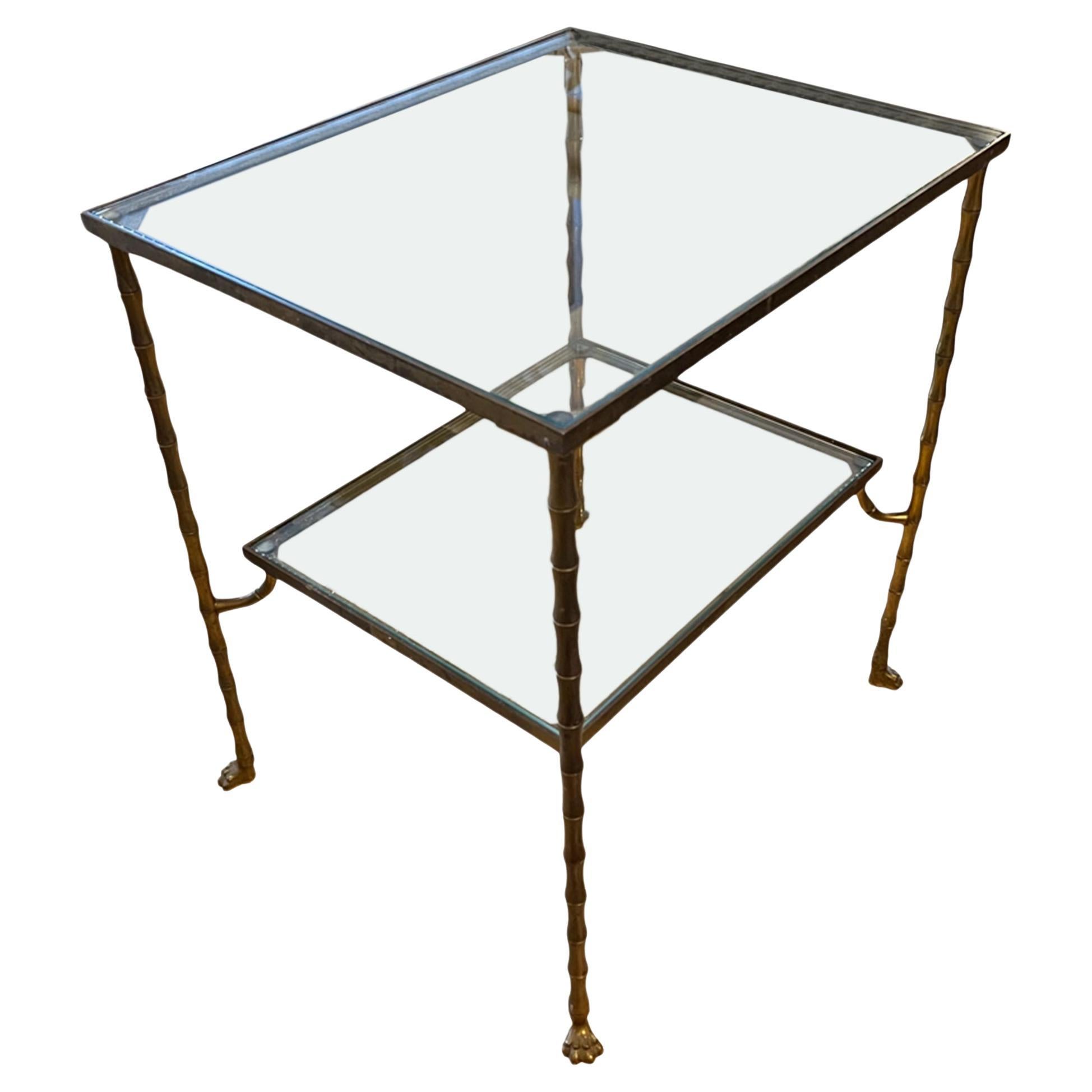 French Faux Bamboo Brass Side Table With Clear Glass and Paw Feet