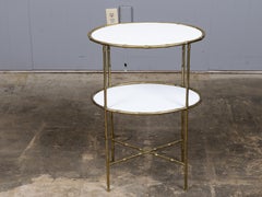 French faux bamboo bronze two-tier side table with white inset tops, circa 1920