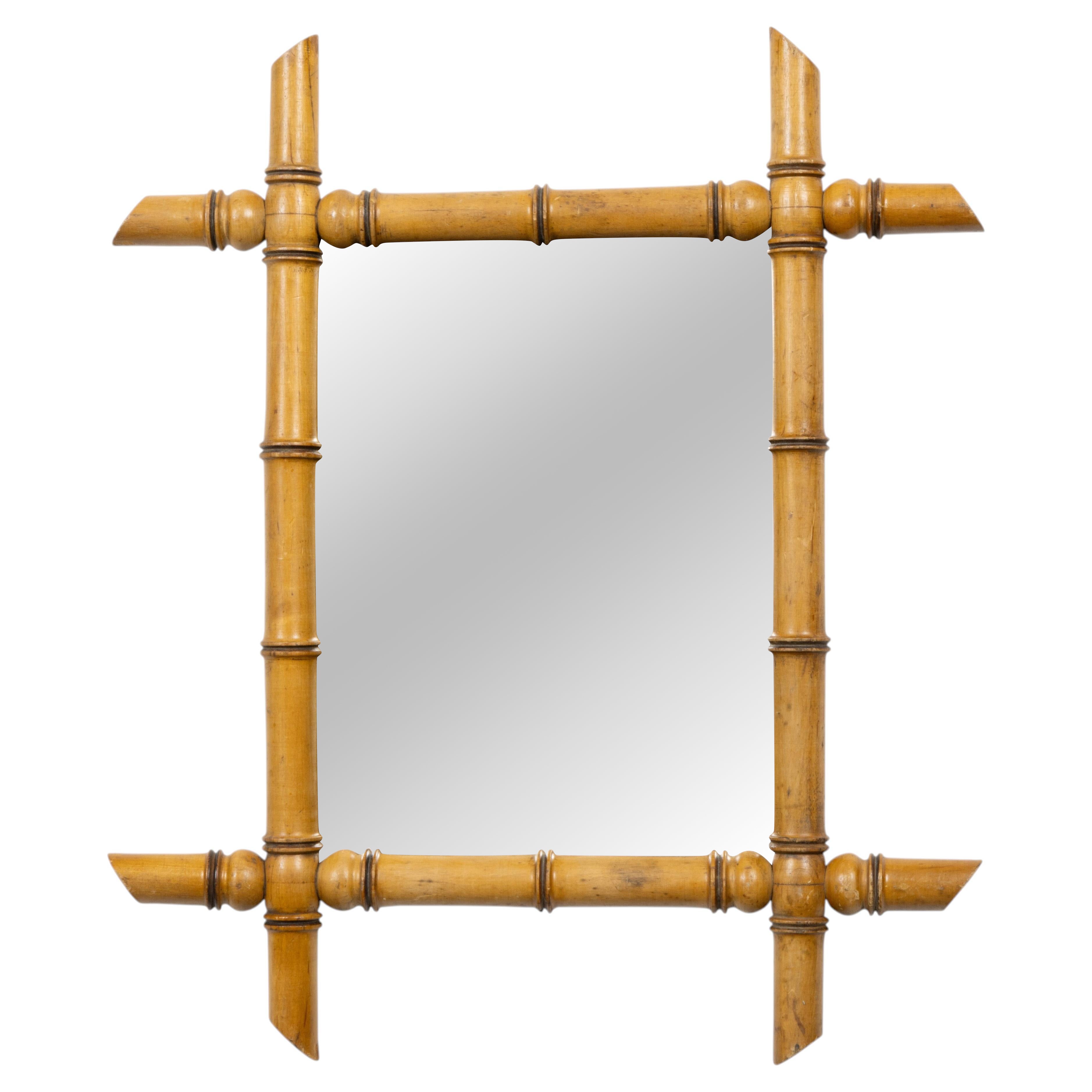 French Faux Bamboo Carved Wood Wall Mirror, Circa 1900 For Sale