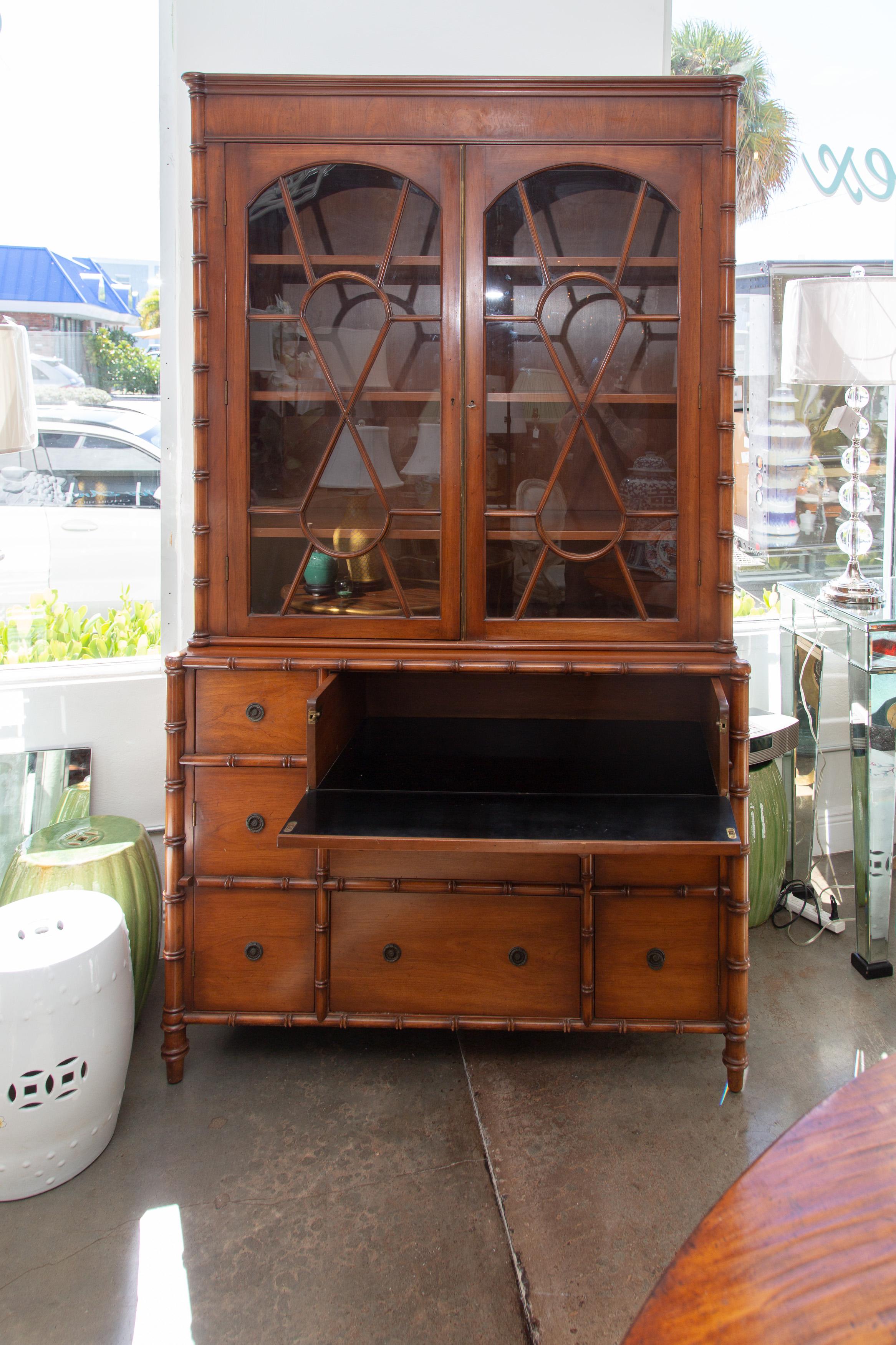 20th Century French Faux Bamboo Cherry Bookcase/Secrtaire