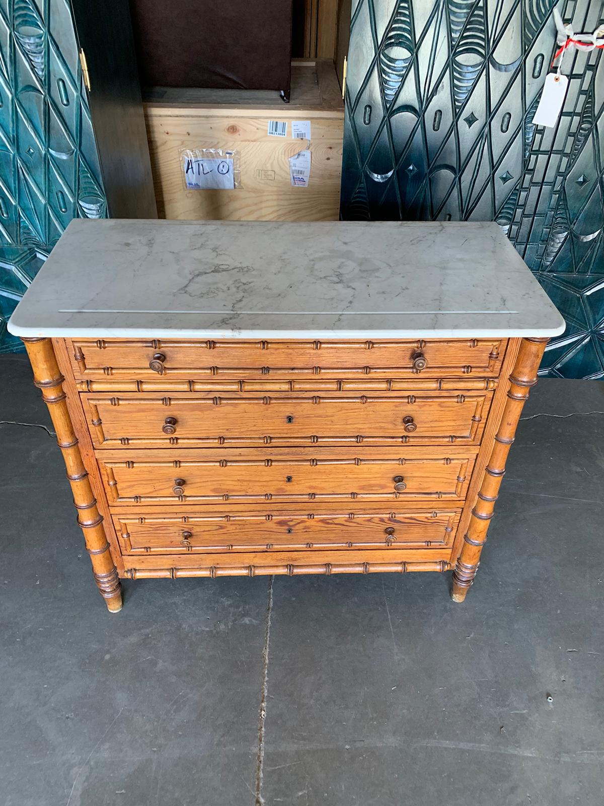 French Faux Bamboo Chest, White Marble Top, circa 1900 6