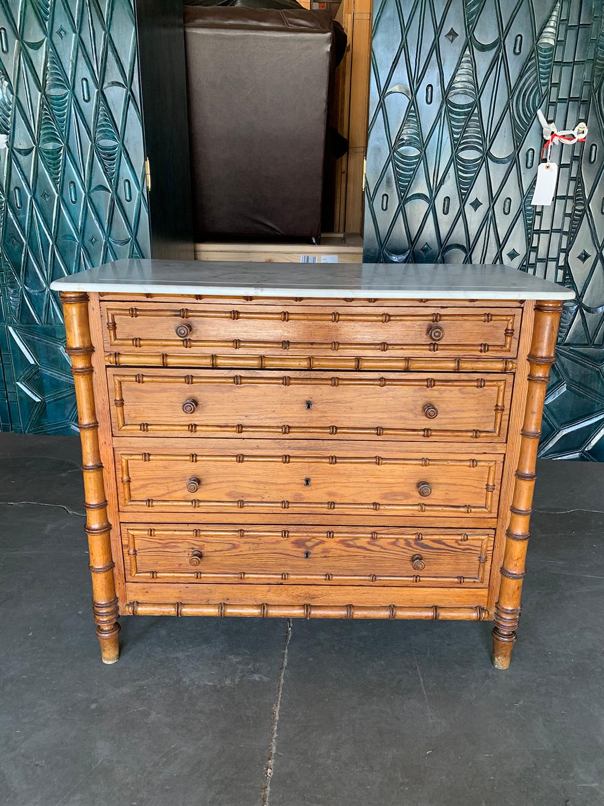 French faux bamboo chest, white marble top, circa 1900.