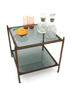 Faux Bamboo Gilt Iron Coffee Table with Smoke Glass Top, France 1940s