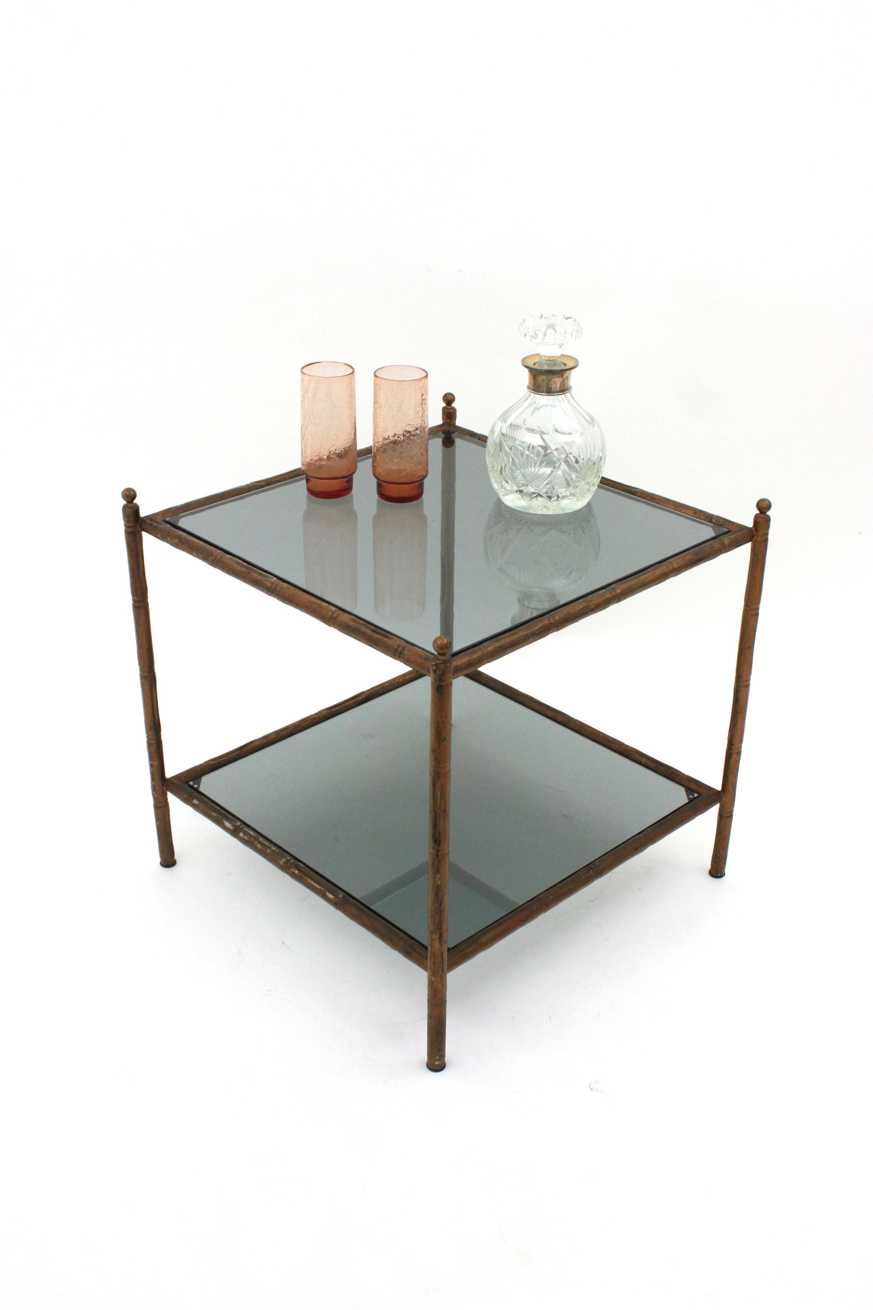 Faux Bamboo Gilt Iron Coffee Table with Smoke Glass Top, France 1940s For Sale 3
