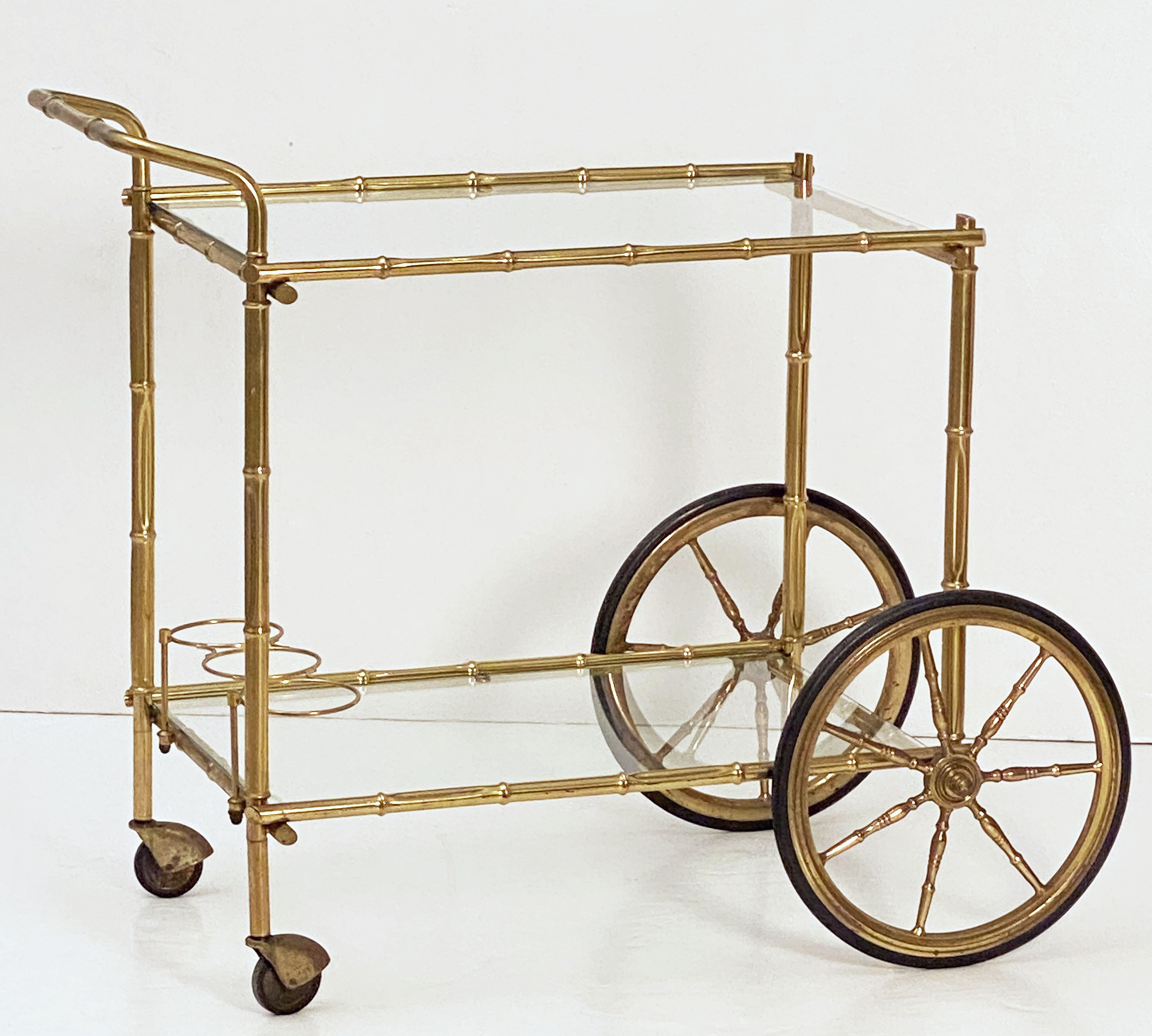 French Faux Bamboo Drinks Cart of Brass and Glass For Sale 11