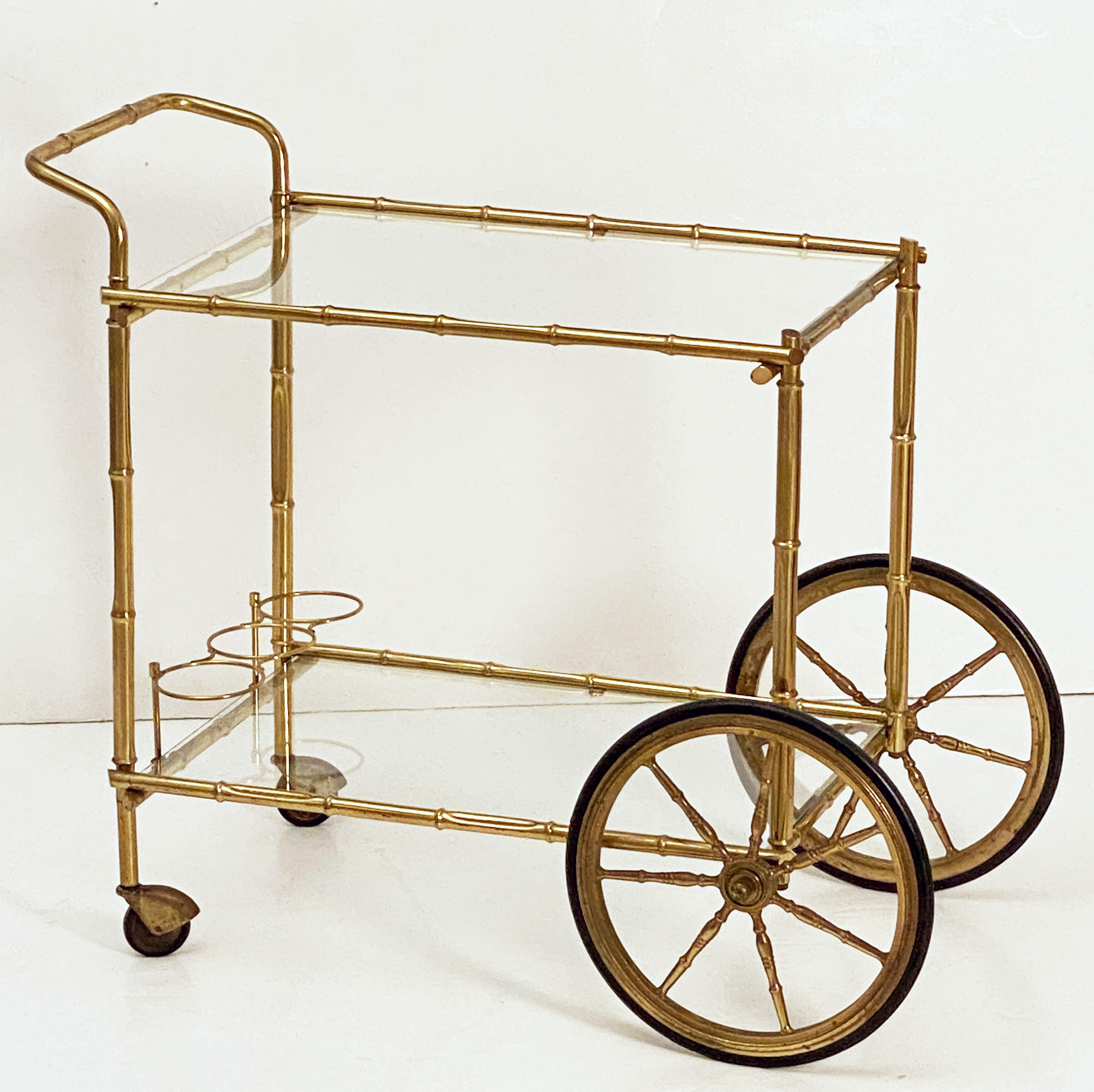 French Faux Bamboo Drinks Cart of Brass and Glass In Good Condition For Sale In Austin, TX