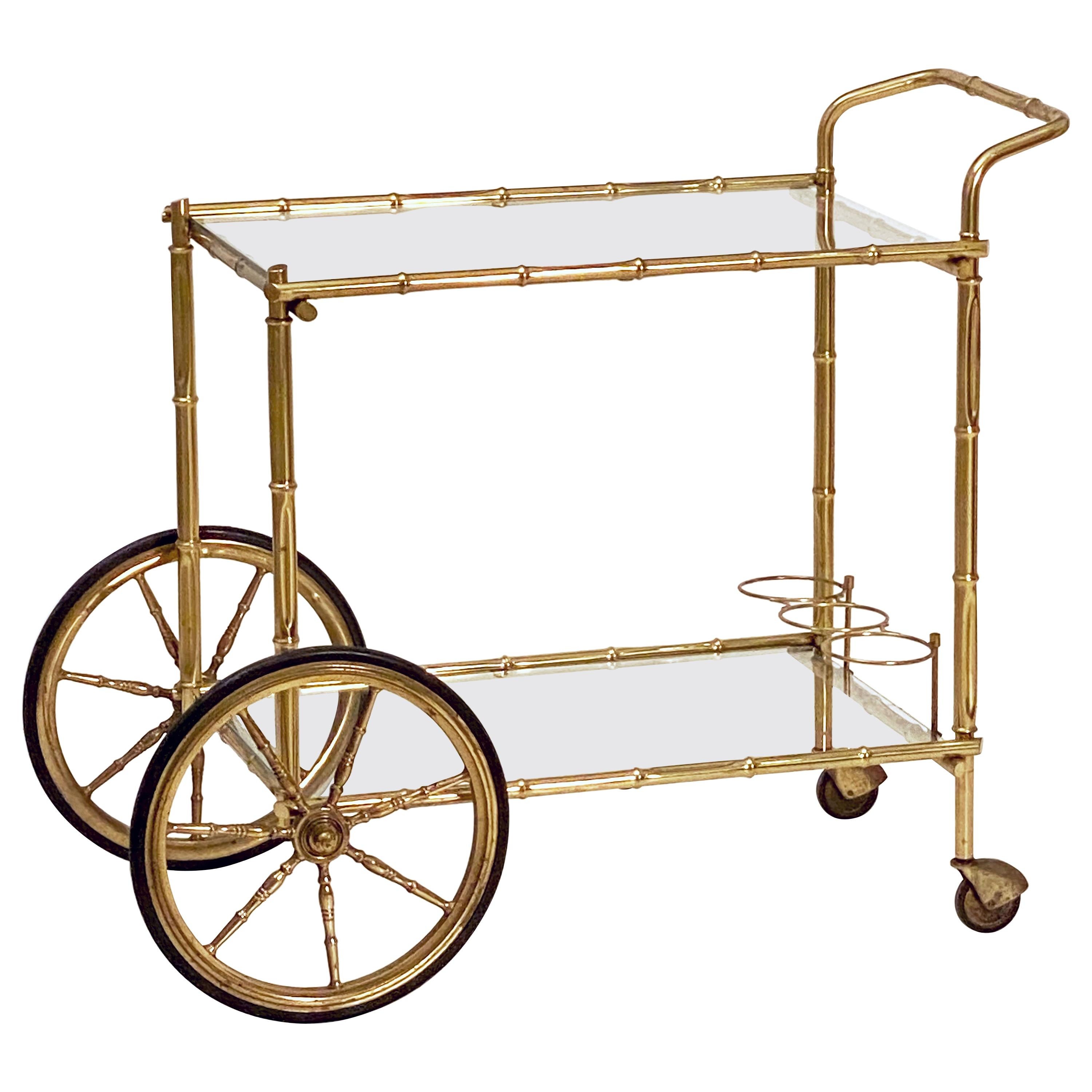 French Faux Bamboo Drinks Cart of Brass and Glass