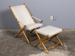 French Faux Bamboo Folding Chair and Ottoman with Iron Straps, Midcentury