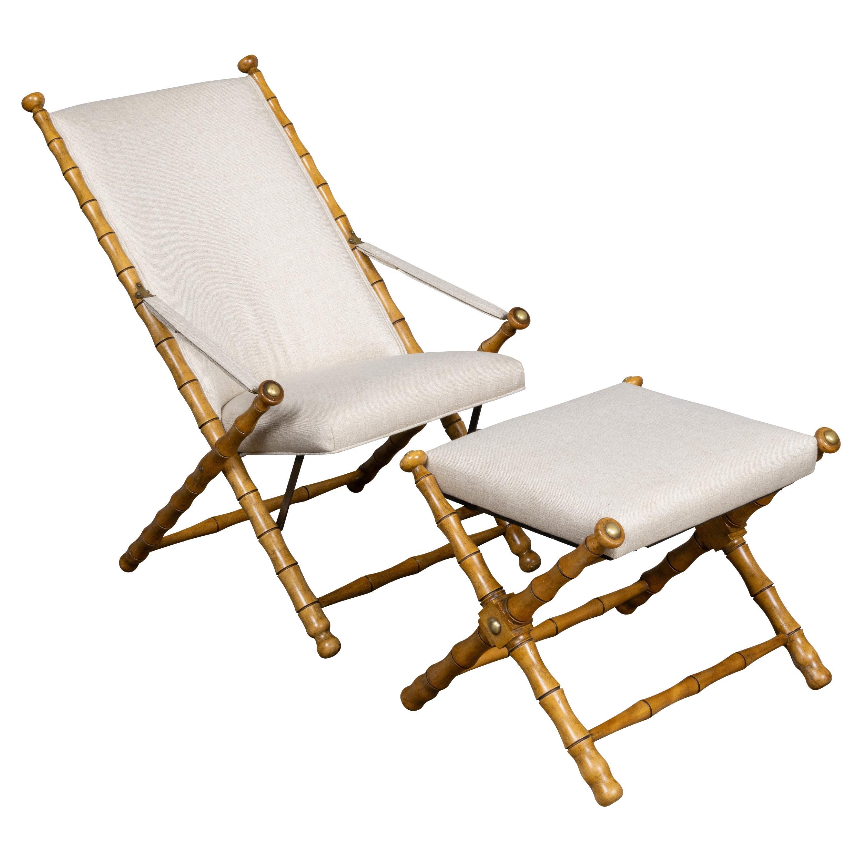 French Faux Bamboo Folding Chair and Ottoman with Iron Straps, Midcentury