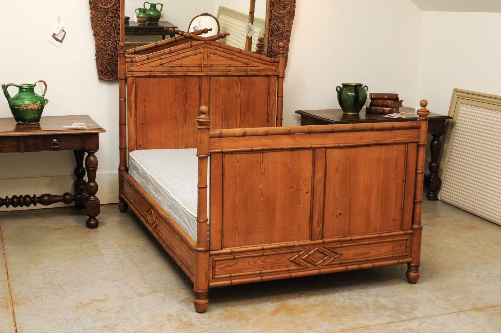 French Faux-Bamboo Bed, circa 1870, with Custom-Made Mattress, 48.5