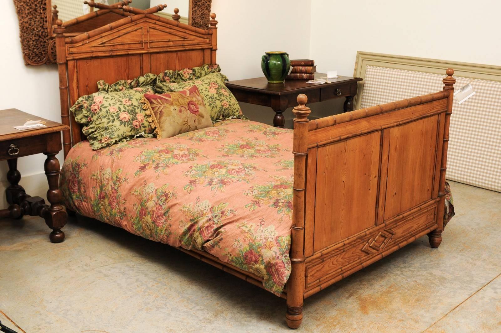 French Faux-Bamboo Bed, circa 1870, with Custom-Made Mattress, 48.5