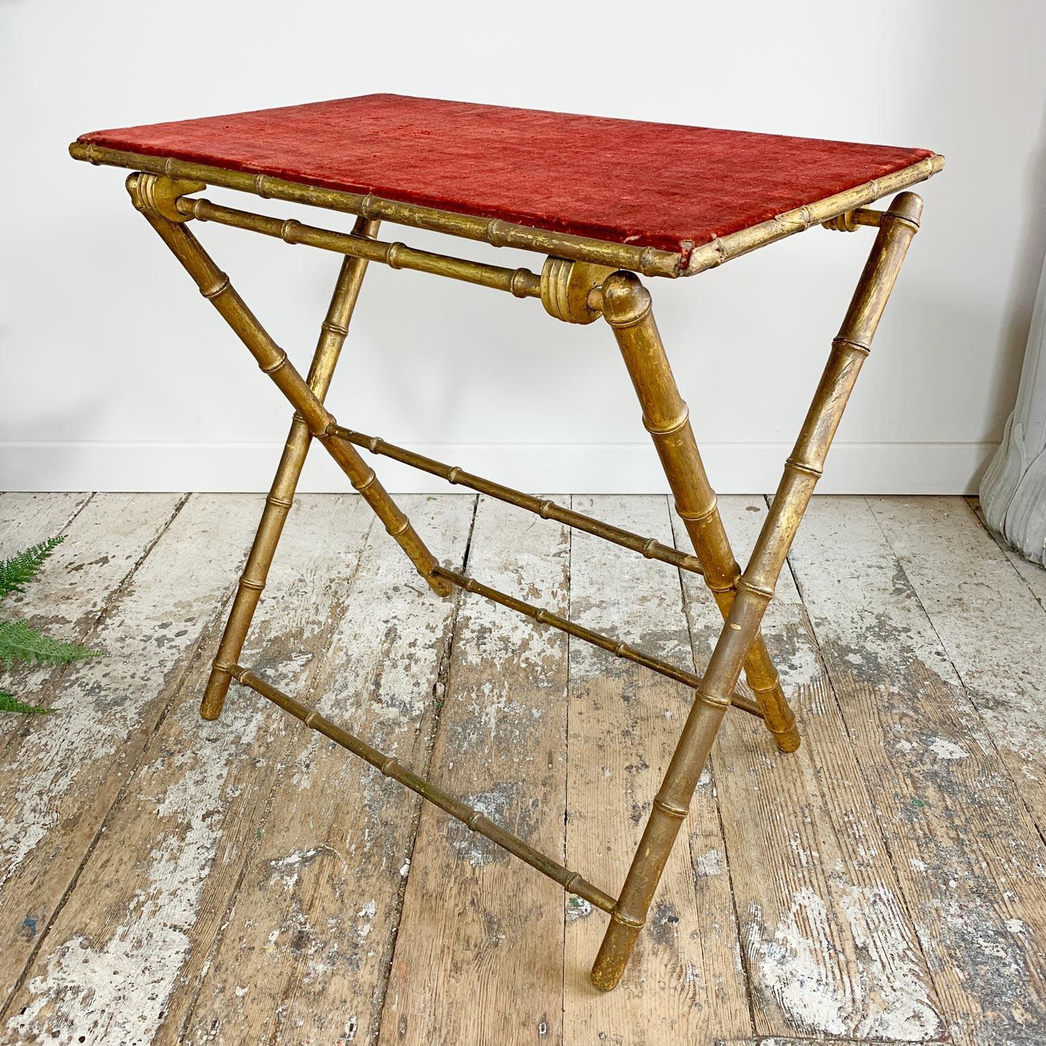 French Gold Faux Bamboo and Red Velvet Folding Card Table 6