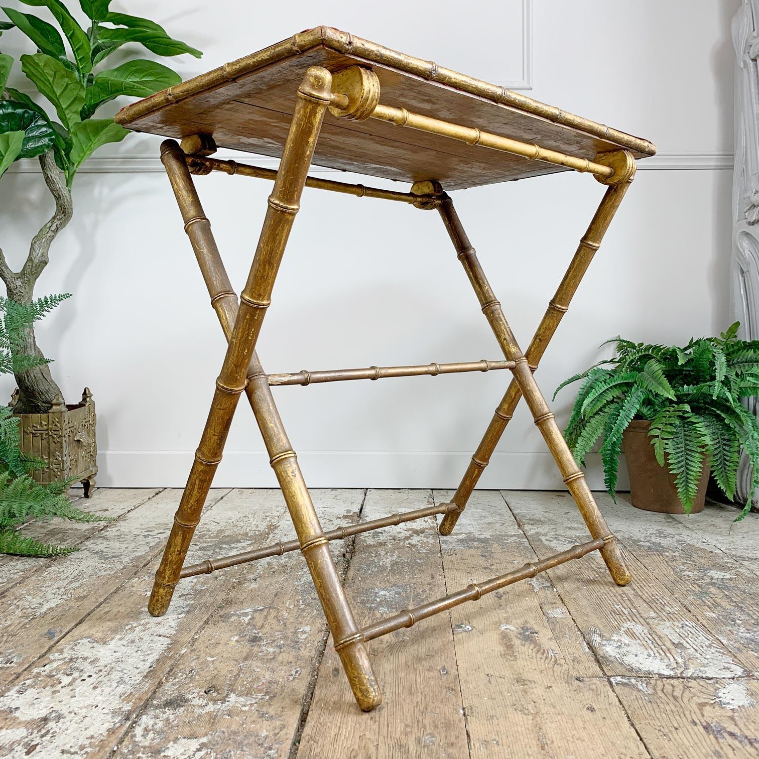Hand-Crafted French Gold Faux Bamboo and Red Velvet Folding Card Table
