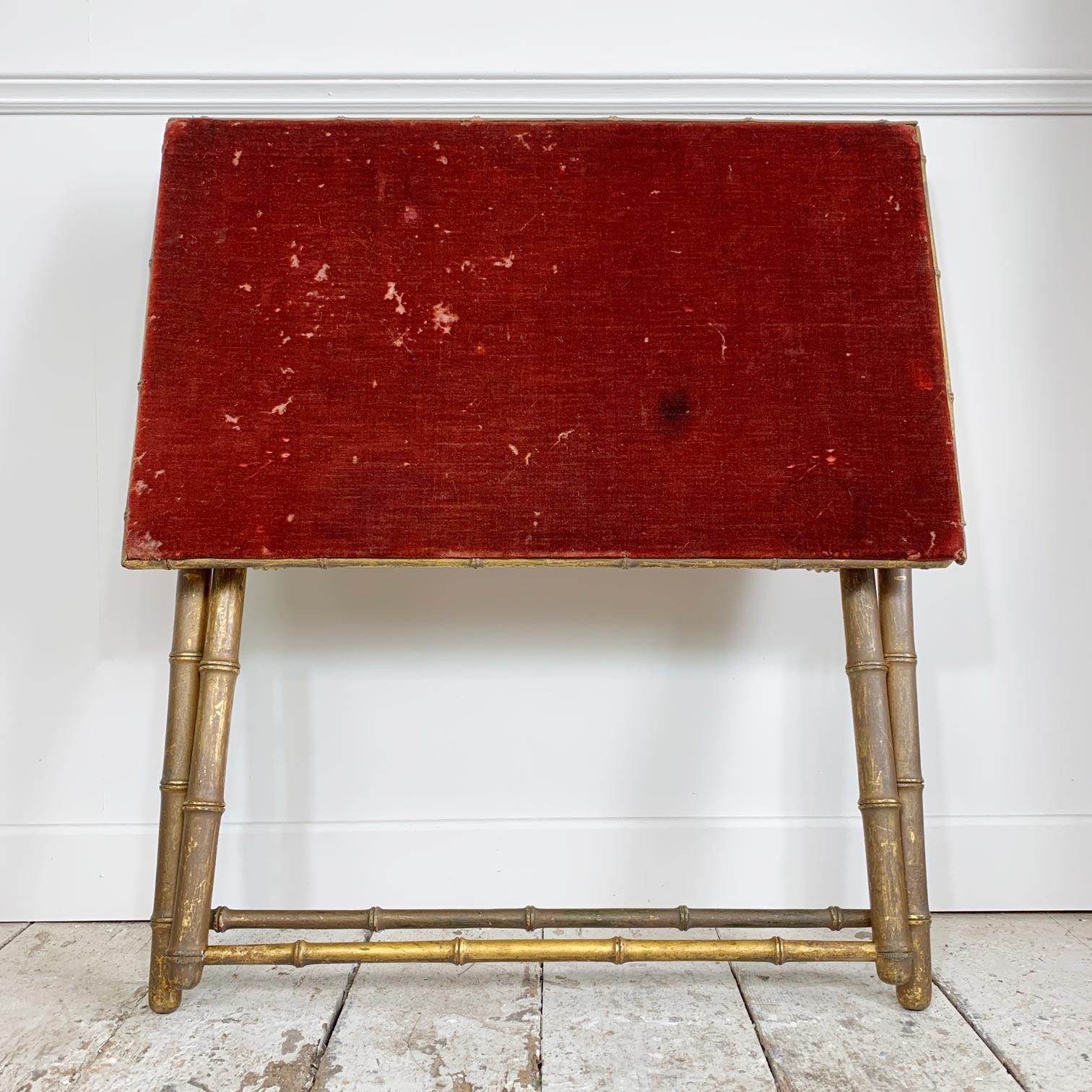 Wood French Gold Faux Bamboo and Red Velvet Folding Card Table