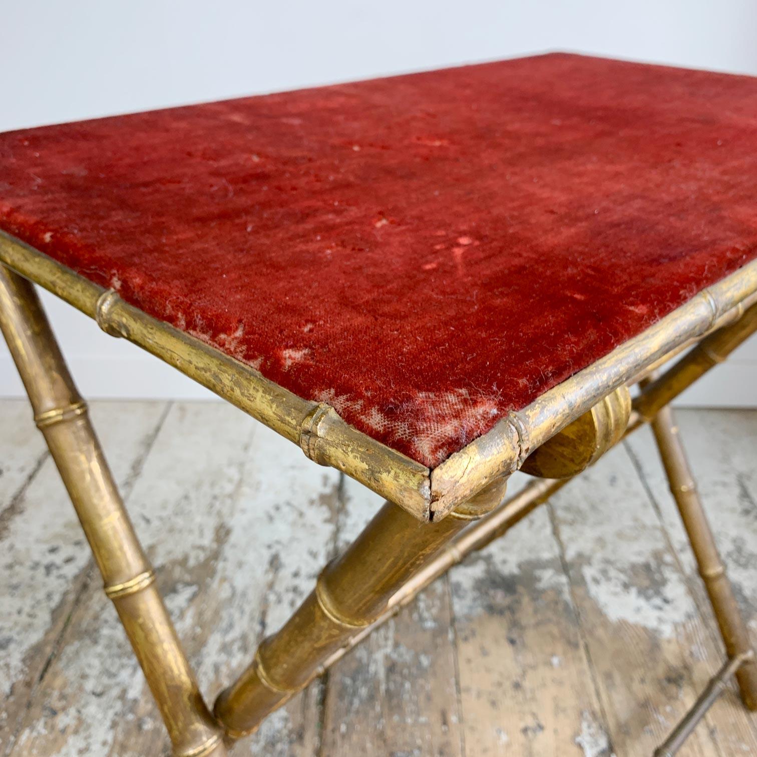 French Gold Faux Bamboo and Red Velvet Folding Card Table 1