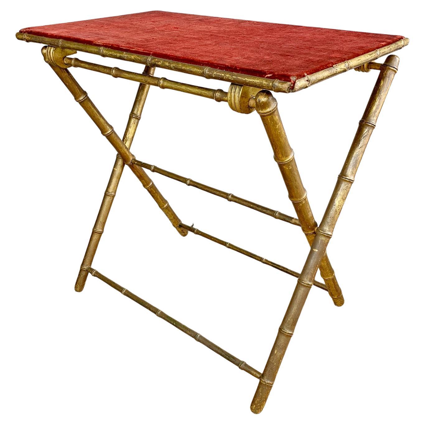 French Gold Faux Bamboo and Red Velvet Folding Card Table