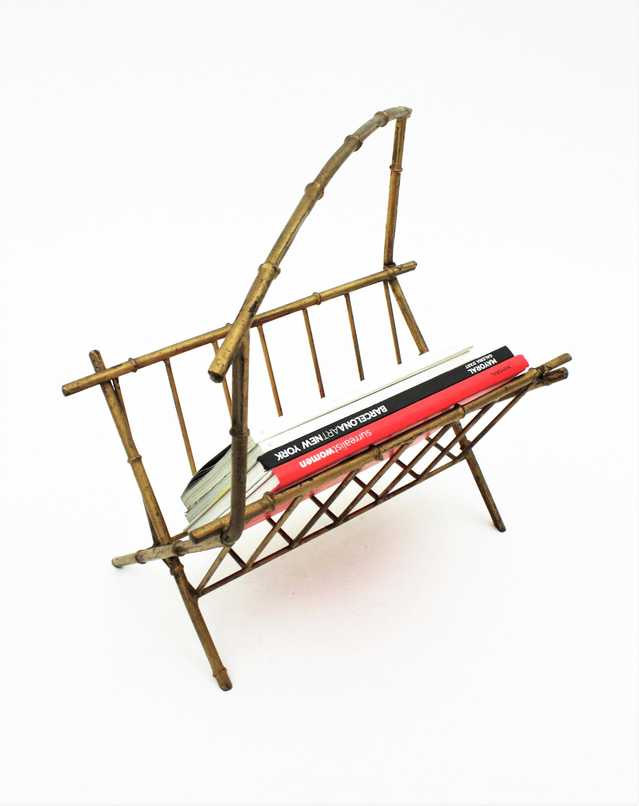 20th Century French Faux Bamboo Gilt Iron Magazine Rack, Maison Baguès Style For Sale