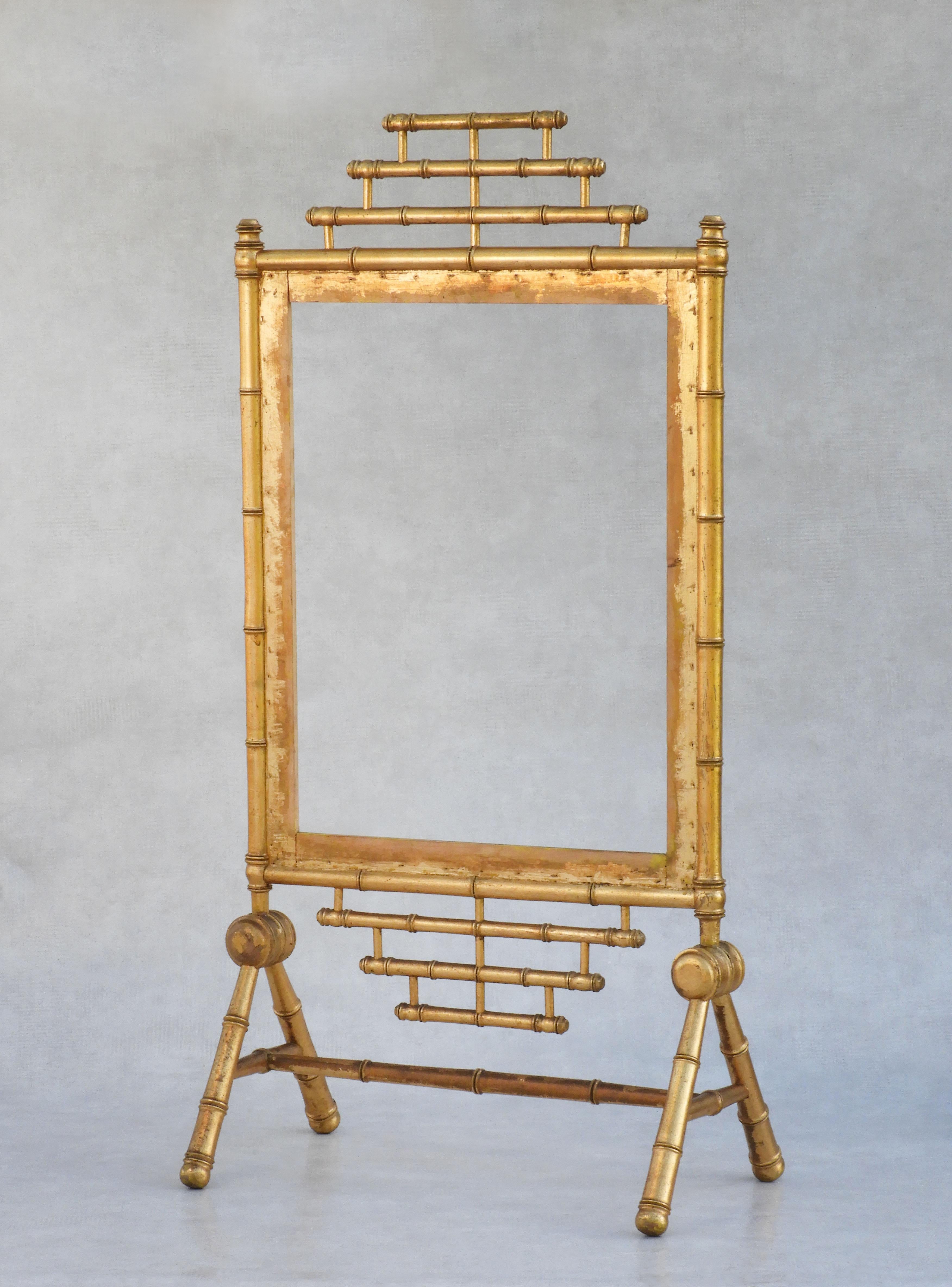 Charming faux bamboo giltwood fire screen frame C1900 France. Great decorative piece, nicely distressed with good patina. Ready to upholster to suit your interior - please ask for details.

Dimensions: 
H 102cm W 52.5cm D 31cm center panel H 57cm