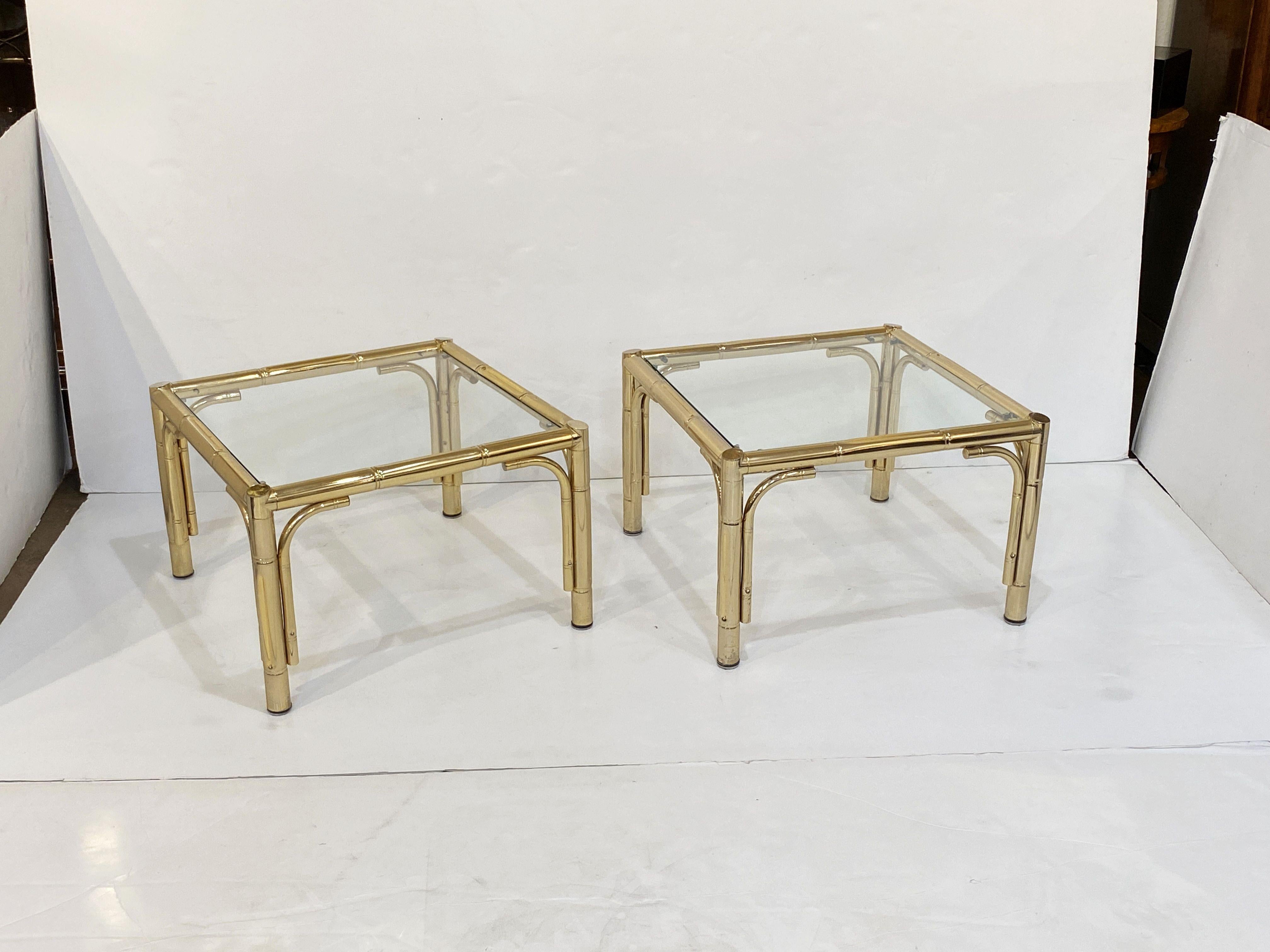 Mid-Century Modern French Faux Bamboo Low Side Tables of Brass and Glass - Individually Priced For Sale